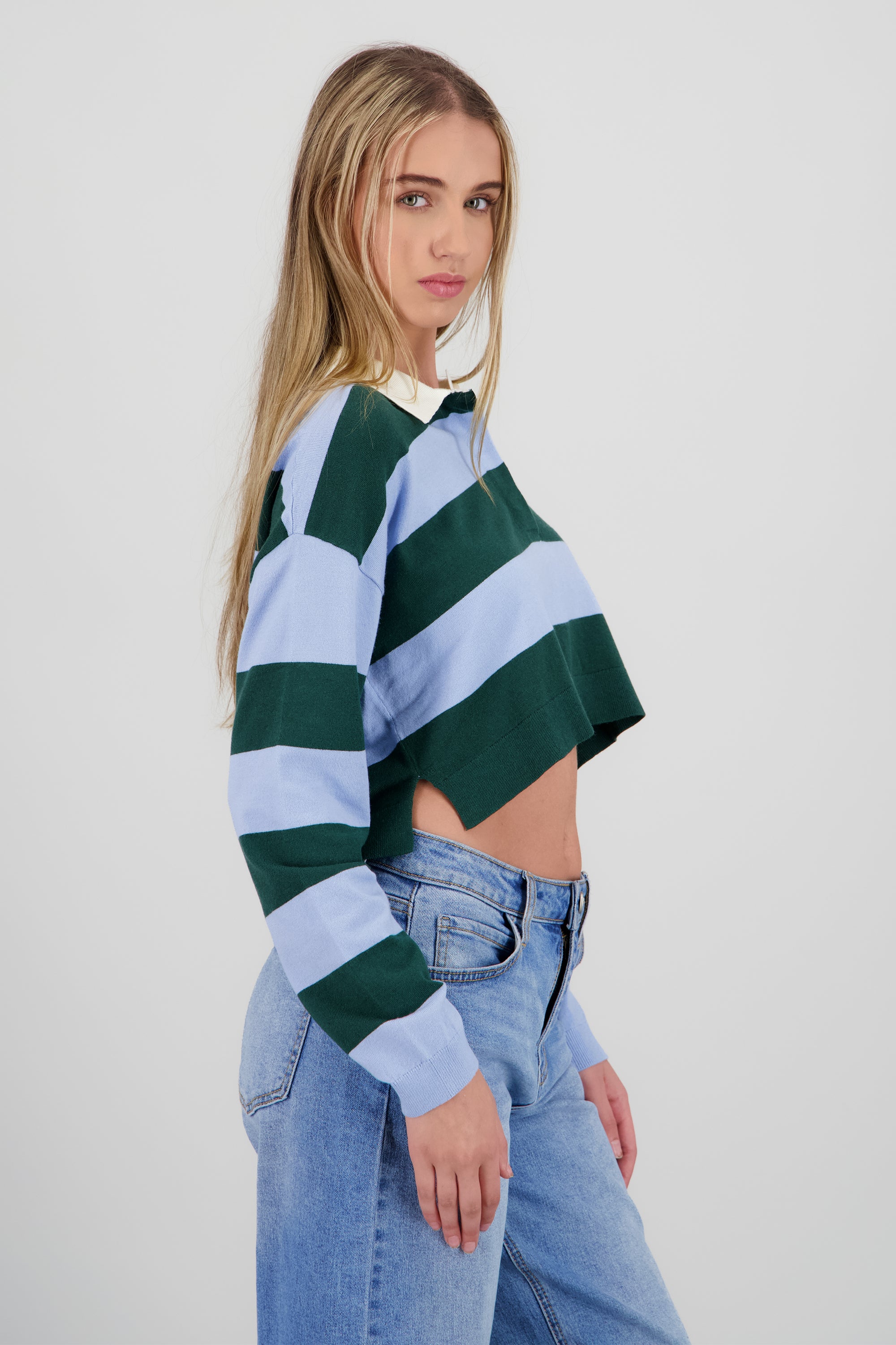 Top tejido de cuello polo con rayas AZUL COMBO