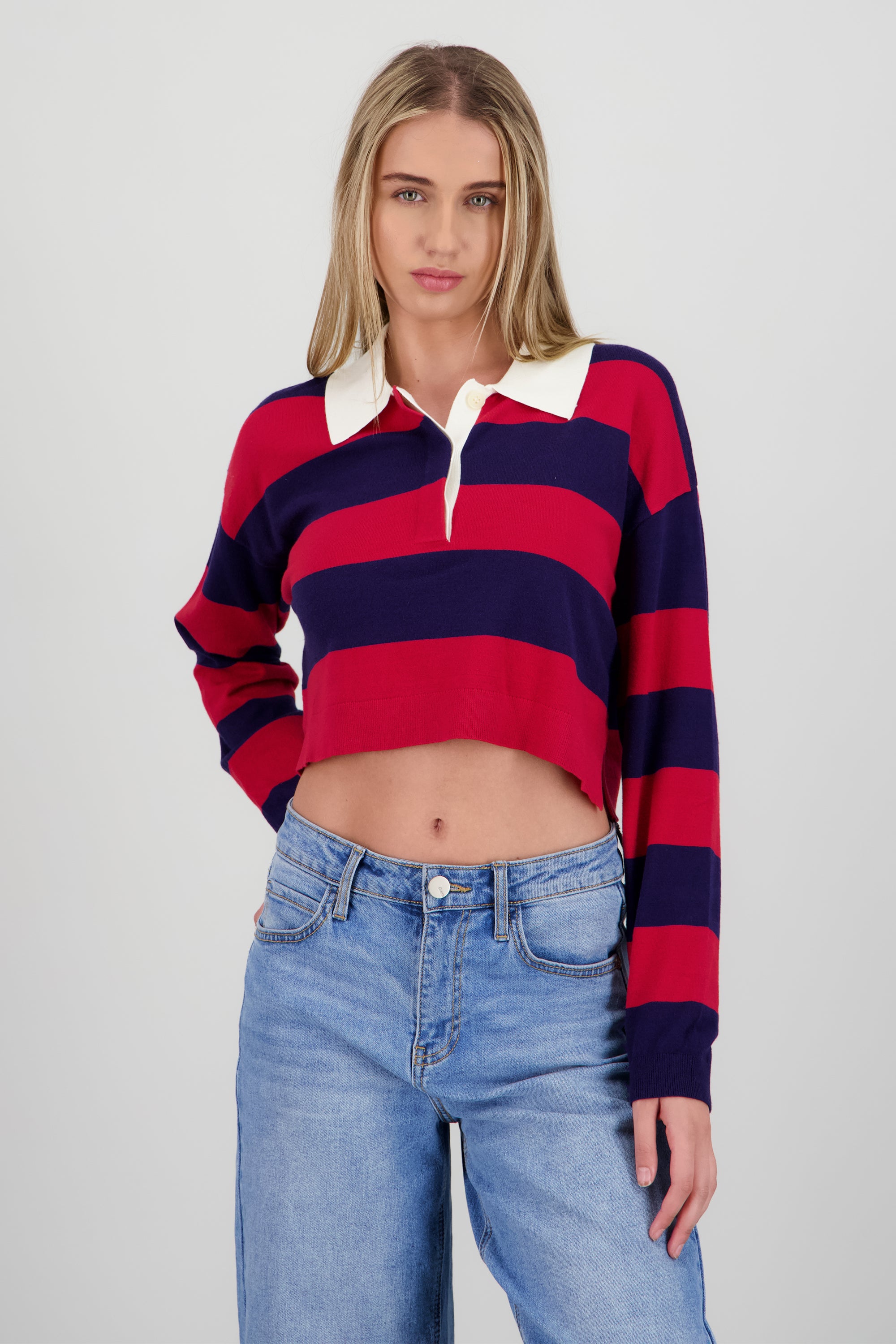 Top tejido de cuello polo con rayas VINO COMBO