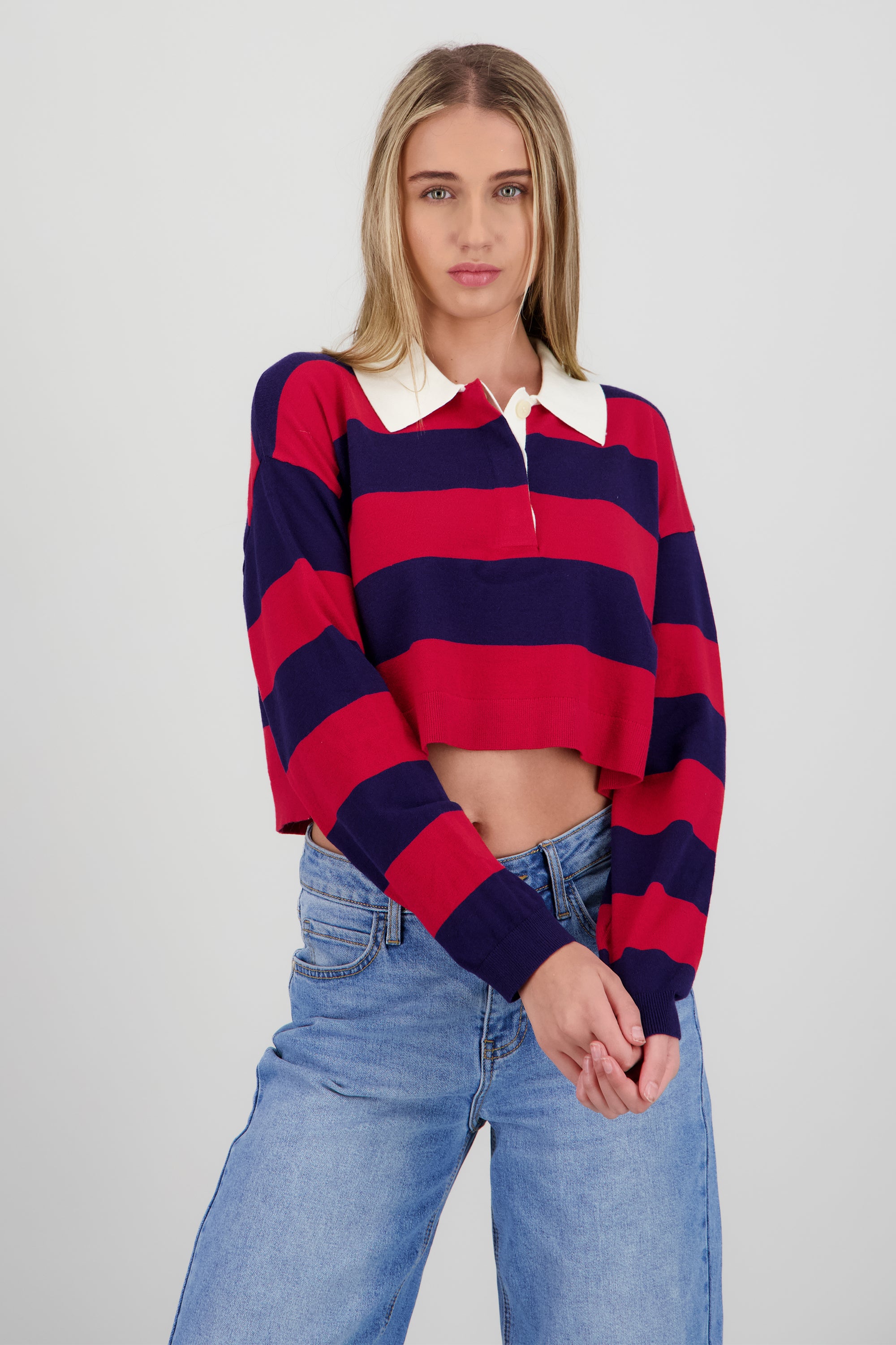 Top tejido de cuello polo con rayas VINO COMBO