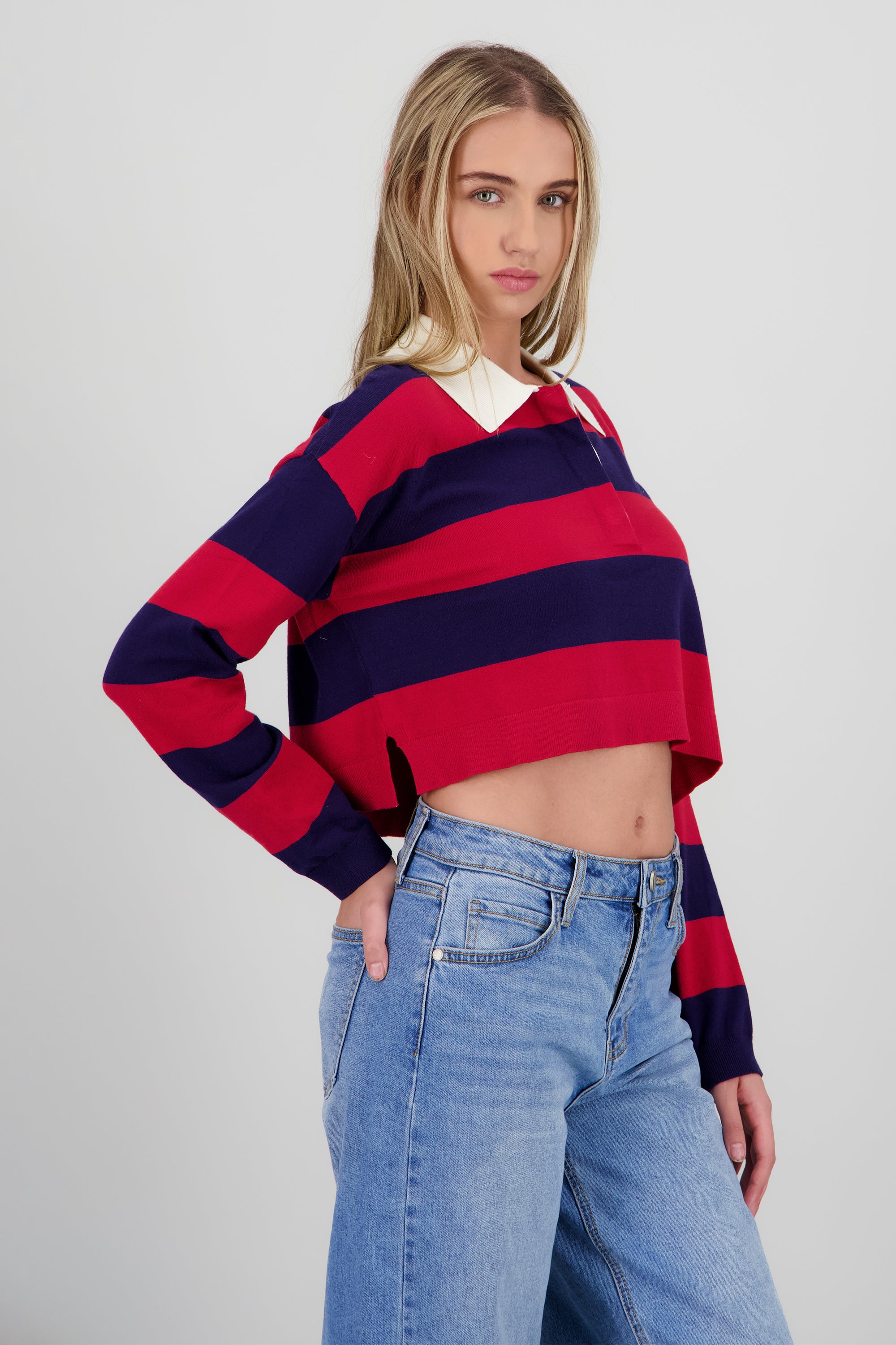 Top tejido de cuello polo con rayas VINO COMBO