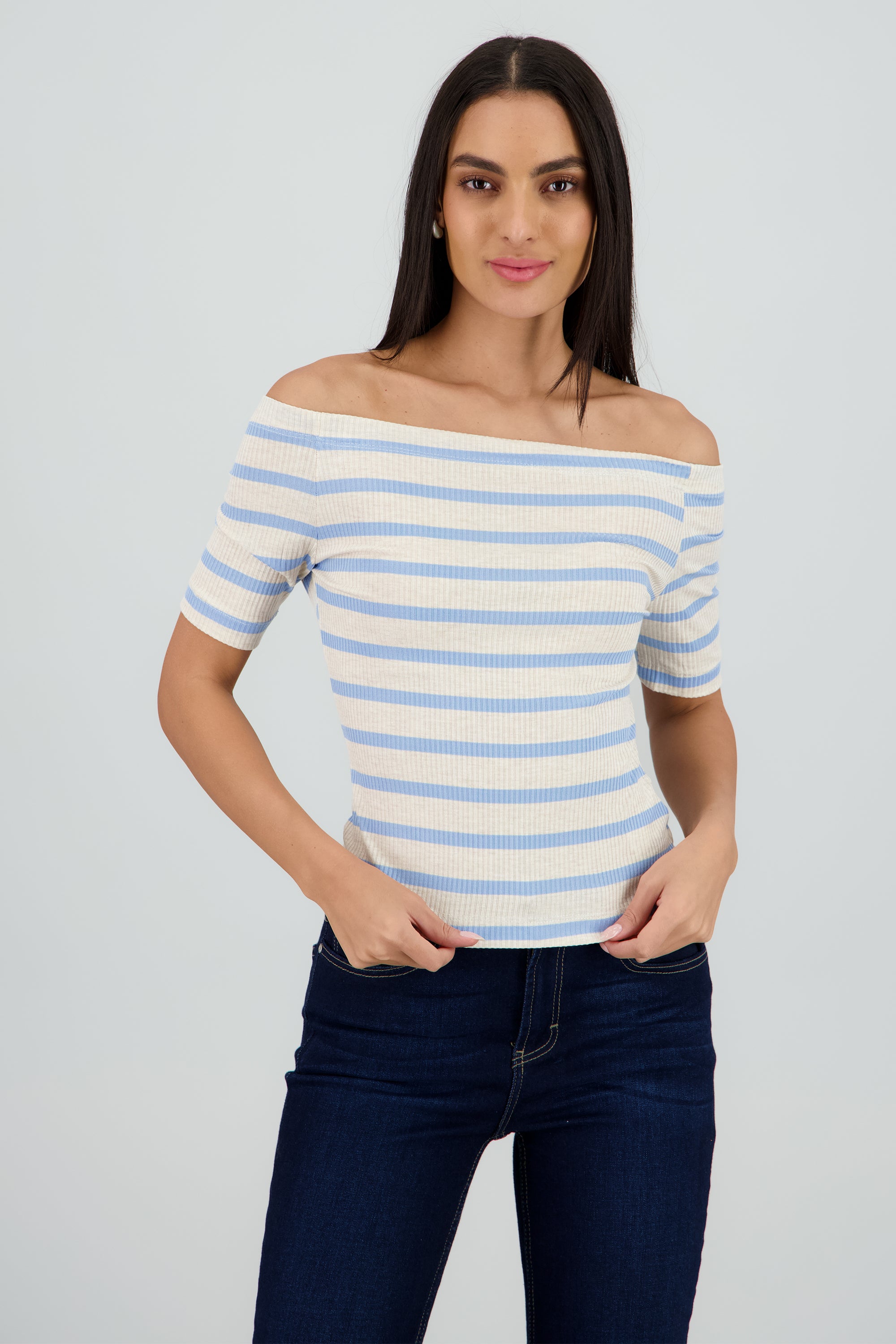 Top rib off shoulder rayas AZUL COMBO
