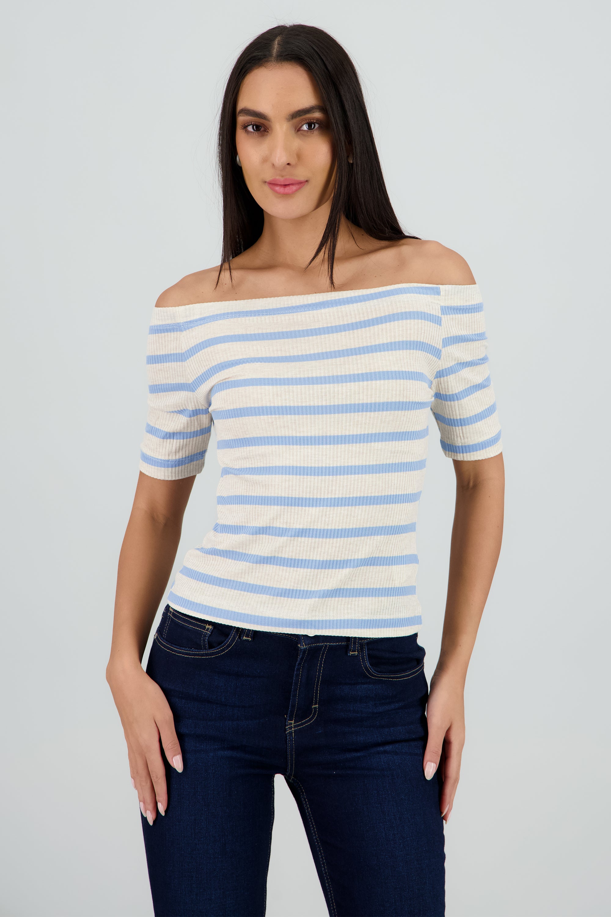 Top rib off shoulder rayas AZUL COMBO