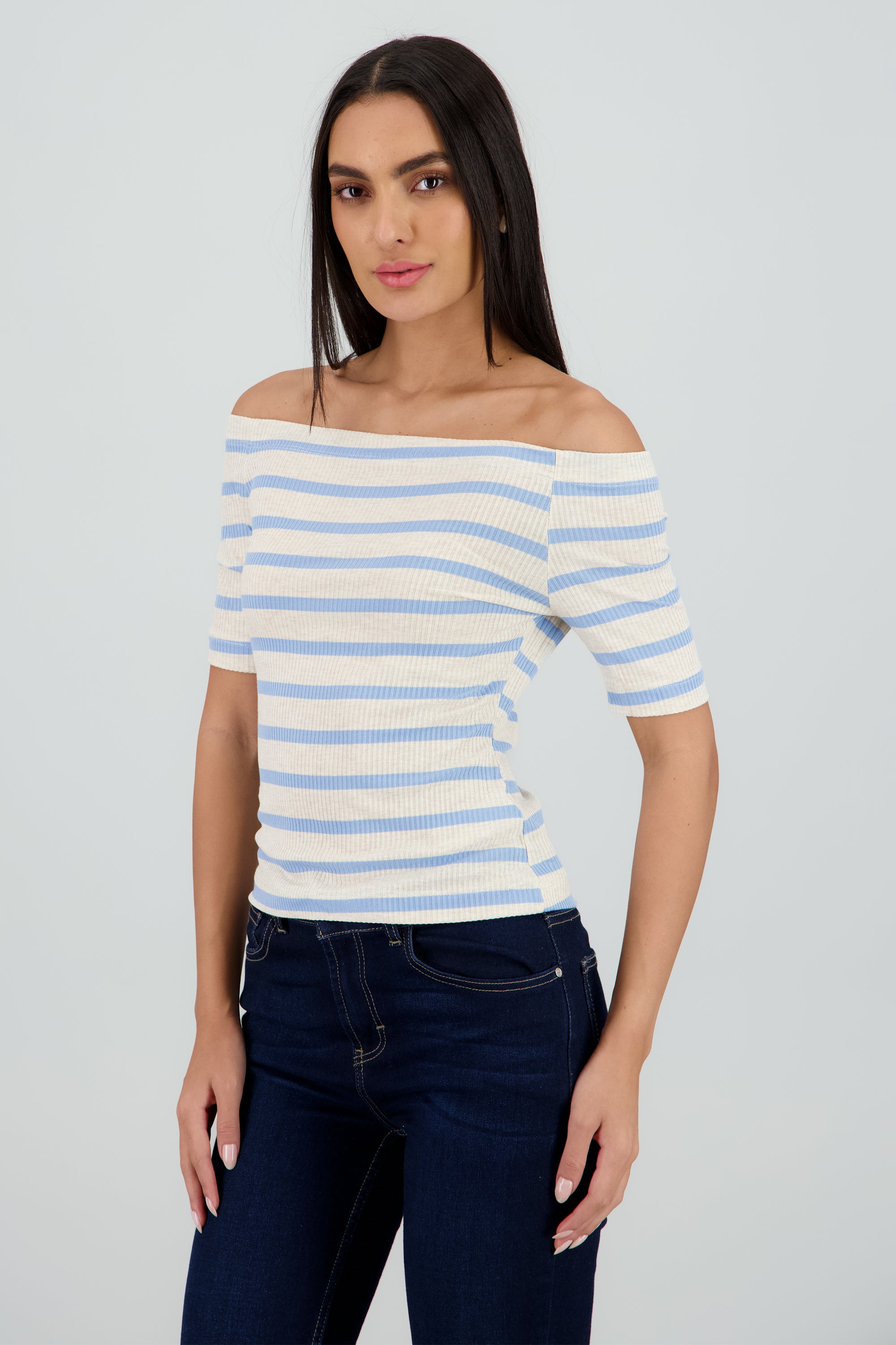 Top rib off shoulder rayas AZUL COMBO
