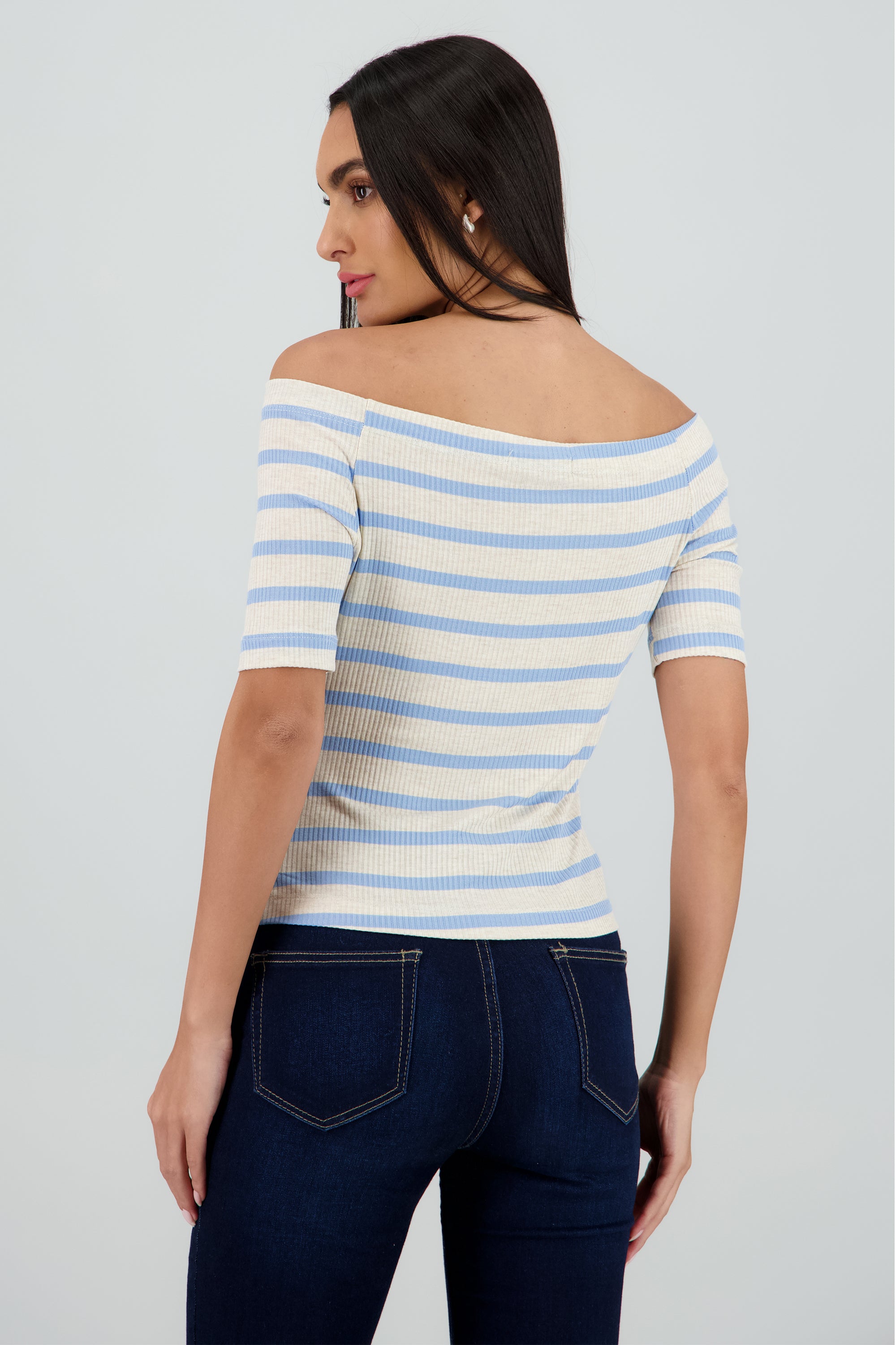Top rib off shoulder rayas AZUL COMBO
