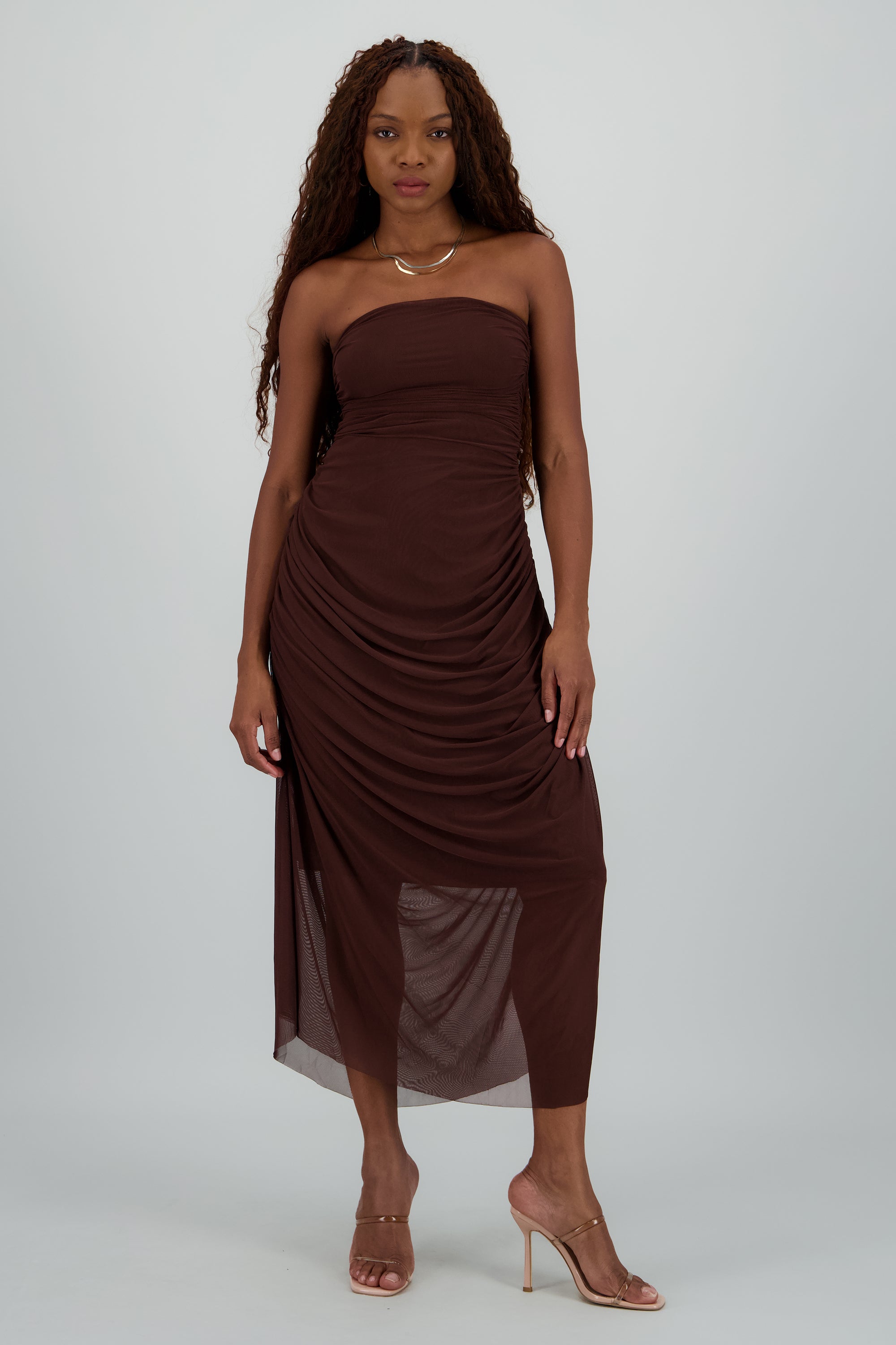 Maxi vestido liso mesh CHOCOLATE