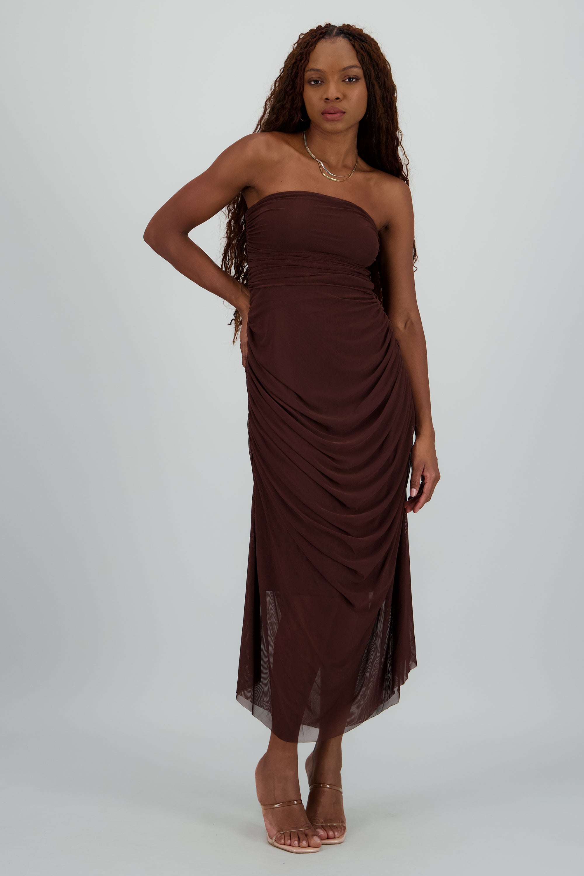 Maxi vestido liso mesh CHOCOLATE