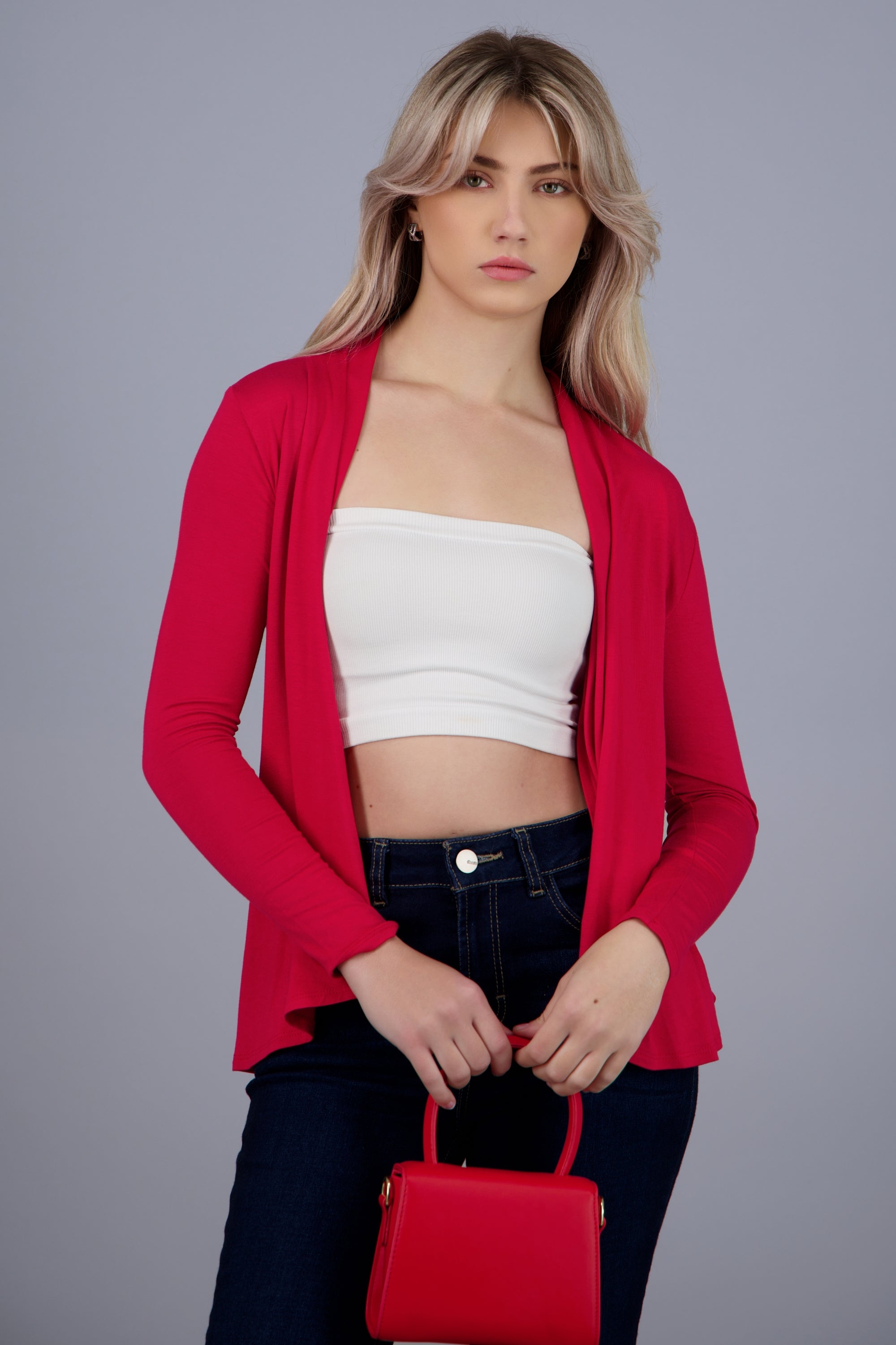 Cárdigan Corto Caída Cascada Manga Larga ROJO QUEMADO