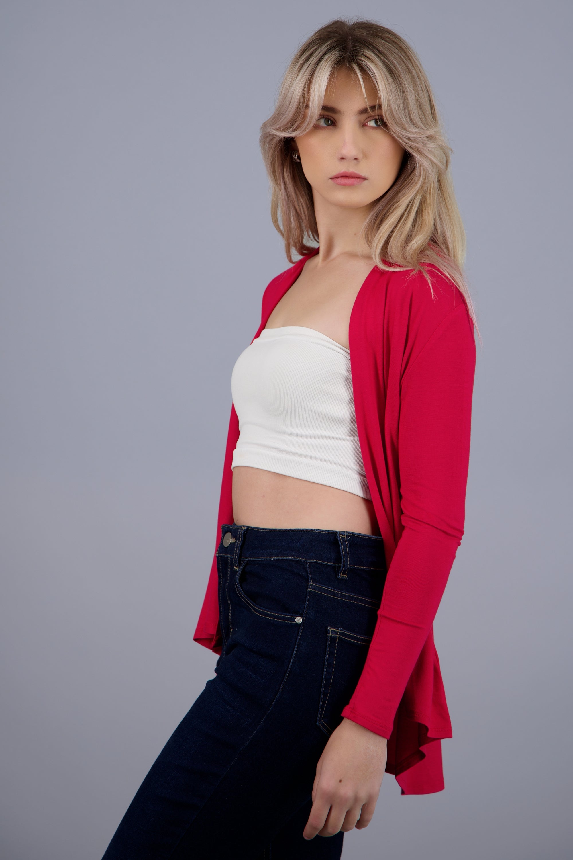 Cárdigan Corto Caída Cascada Manga Larga ROJO QUEMADO