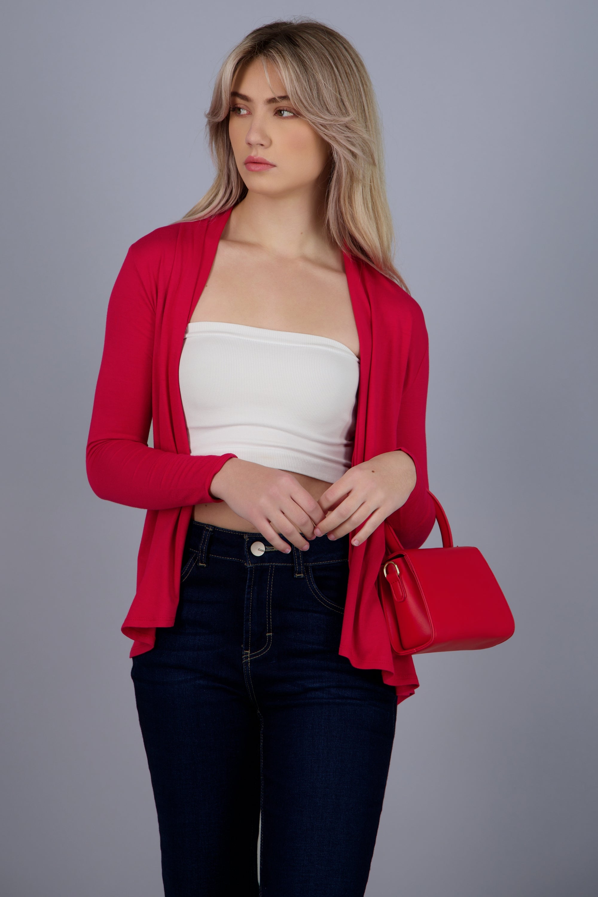 Cárdigan Corto Caída Cascada Manga Larga ROJO QUEMADO