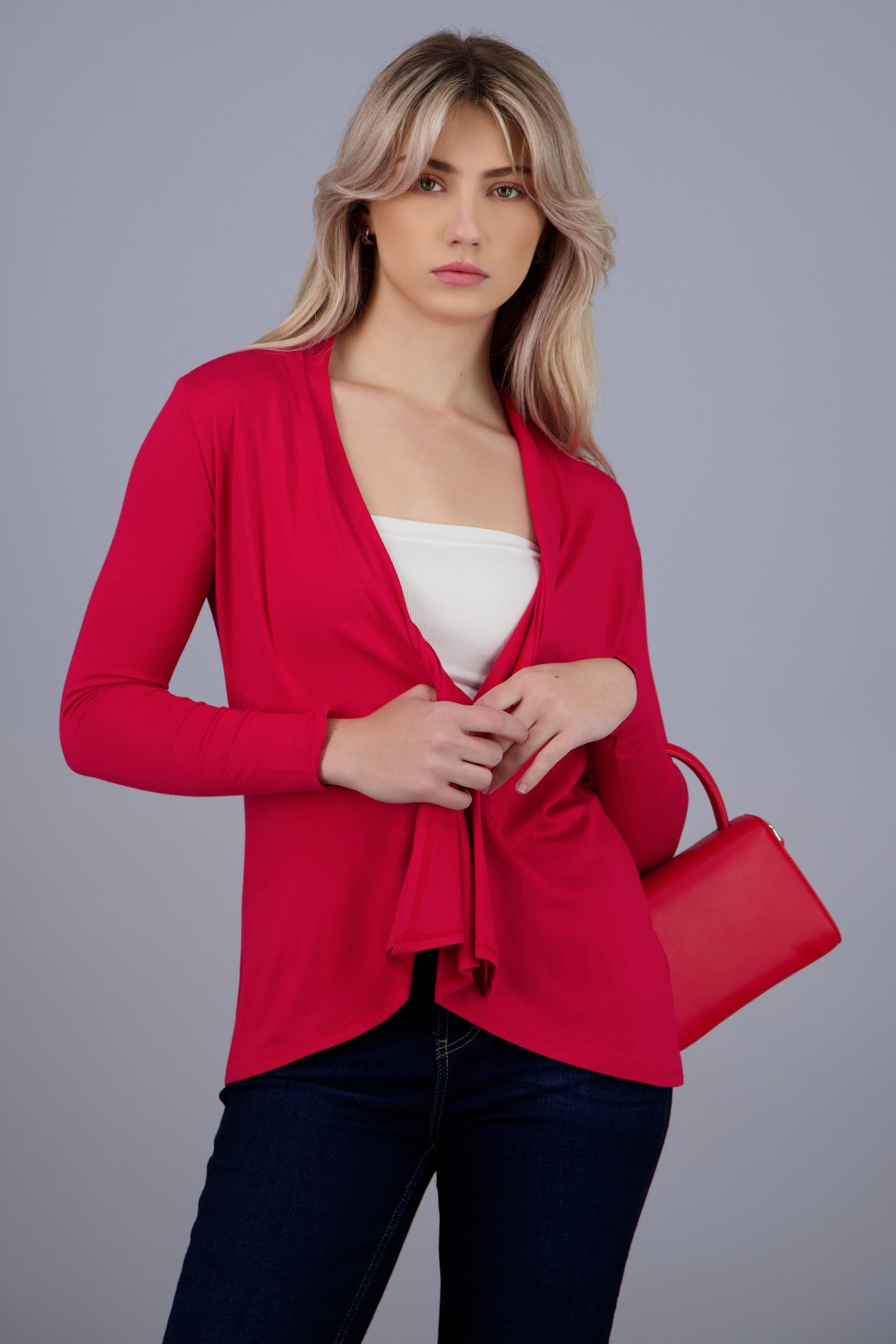 Cárdigan Corto Caída Cascada Manga Larga ROJO QUEMADO