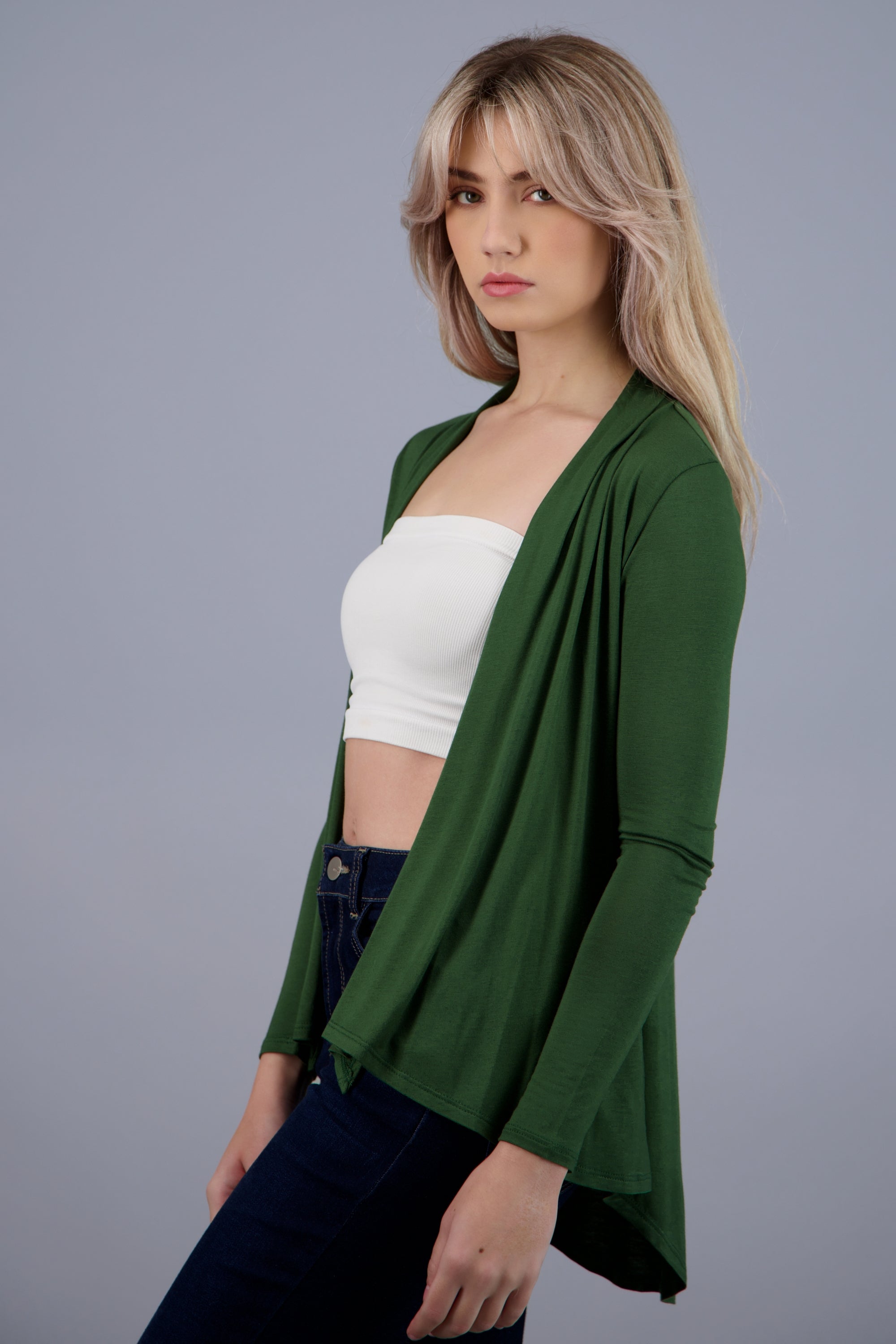 Cárdigan Corto Caída Cascada Manga Larga OLIVO
