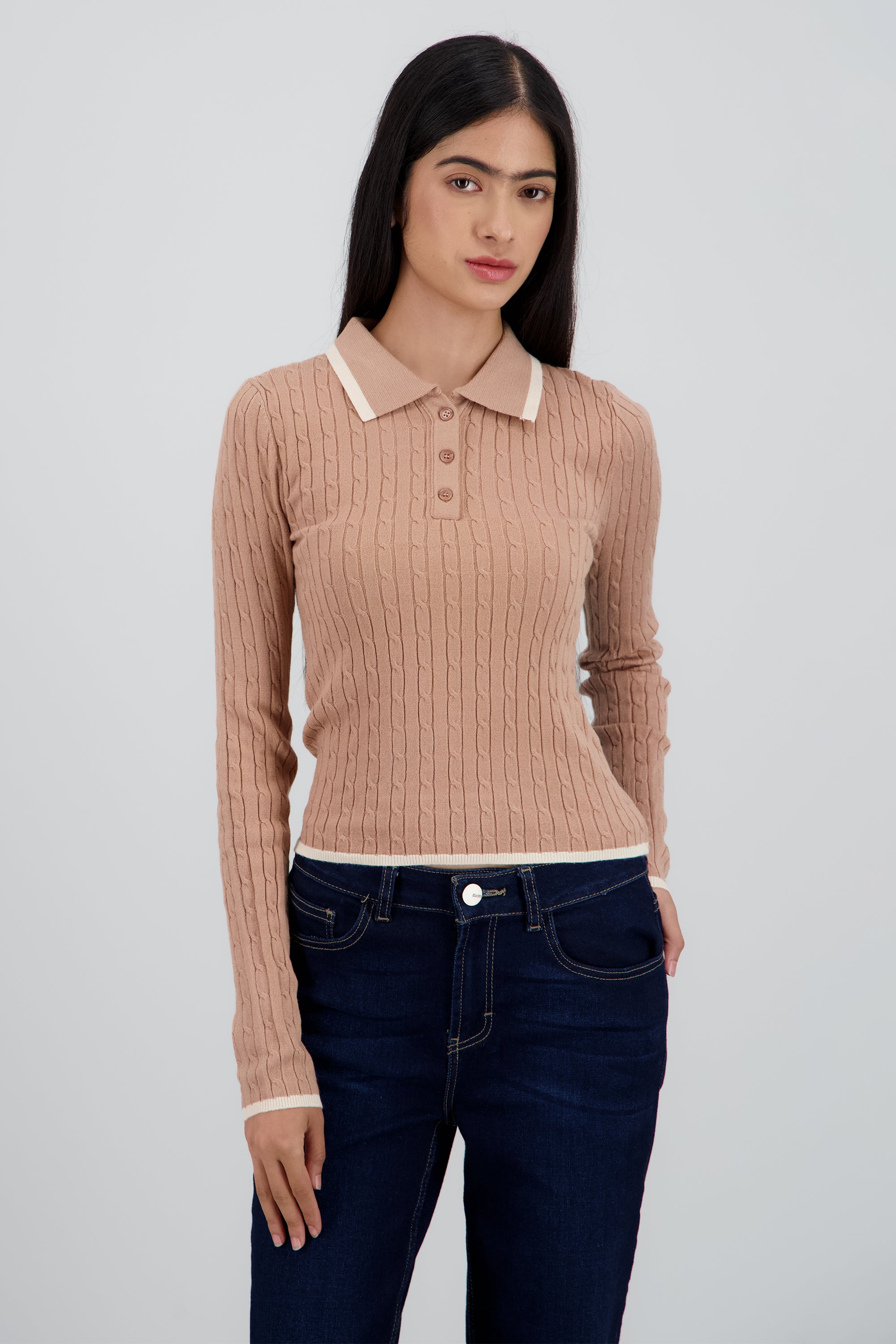 Sueter tipo polo manga larga textura raya contrast CAFE COMBO