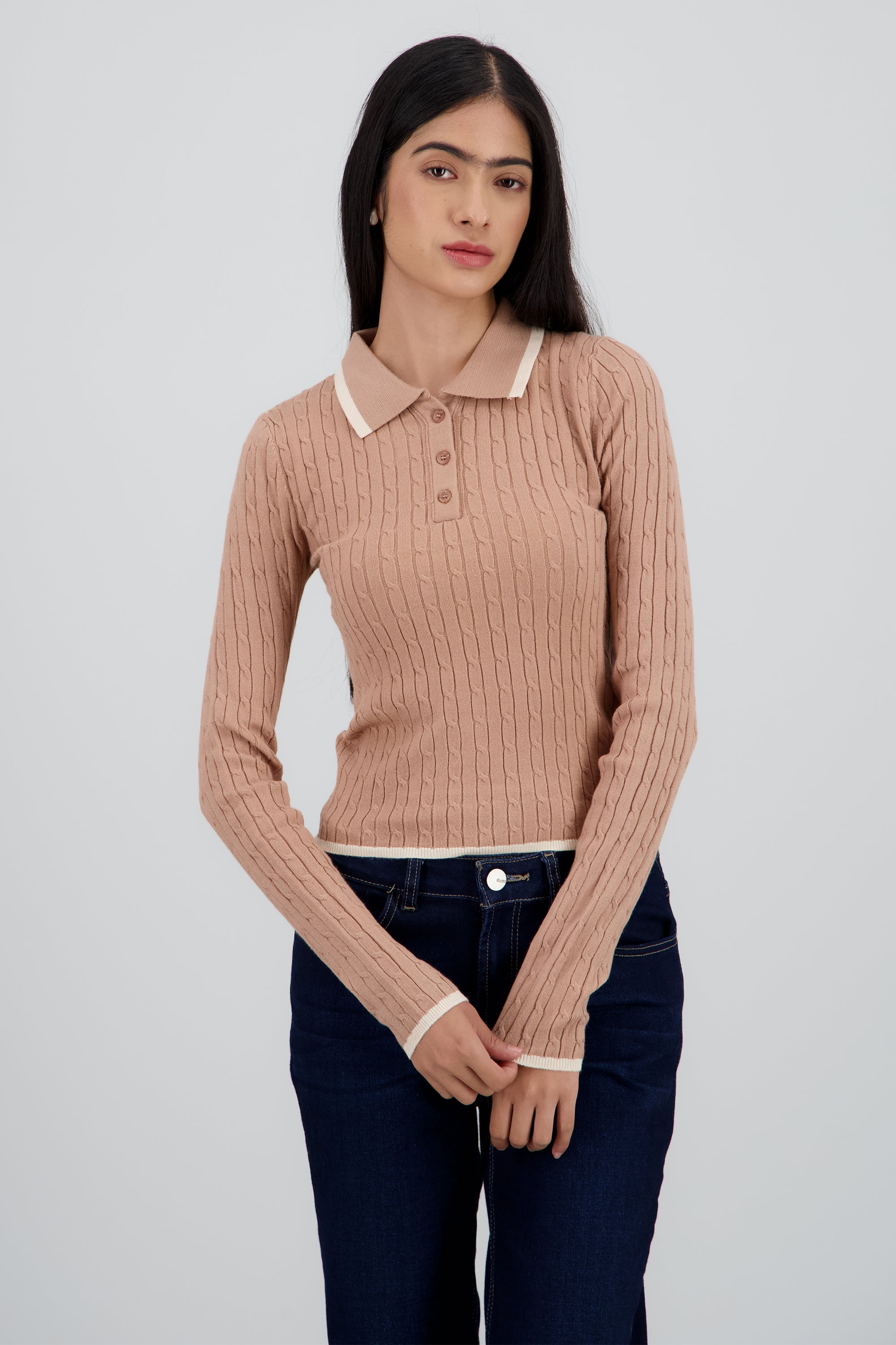 Sueter tipo polo manga larga textura raya contrast CAFE COMBO