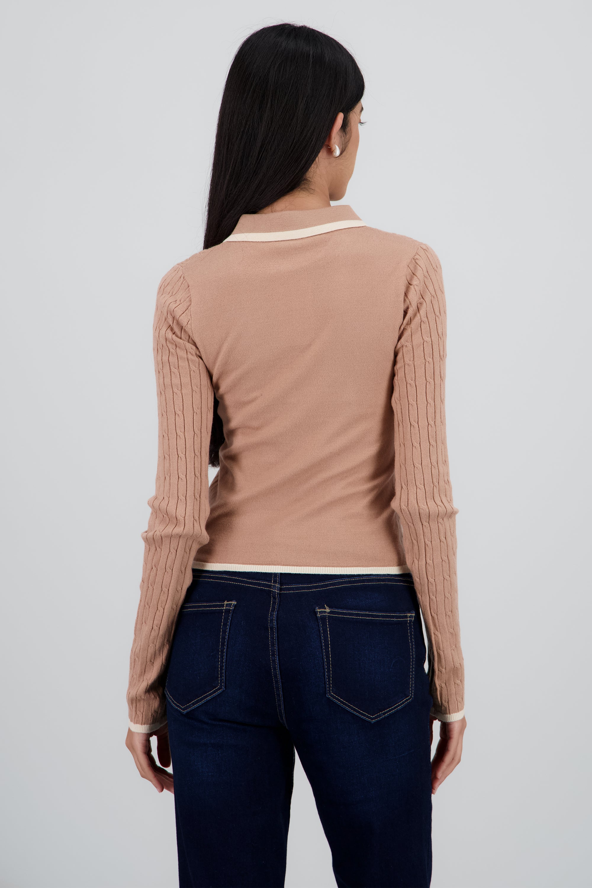 Sueter tipo polo manga larga textura raya contrast CAFE COMBO