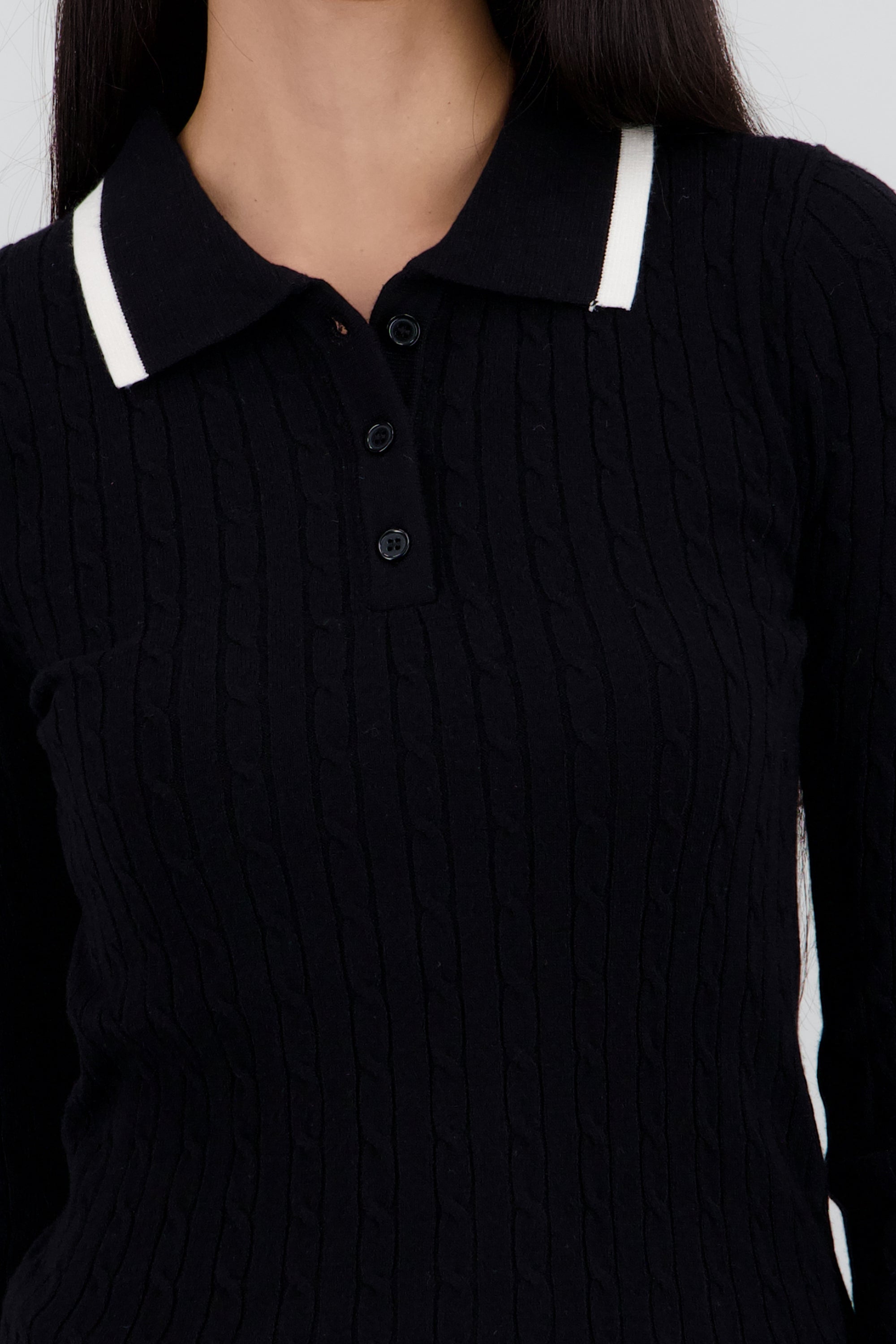 Sueter tipo polo manga larga textura raya contrast NEGRO COMBO
