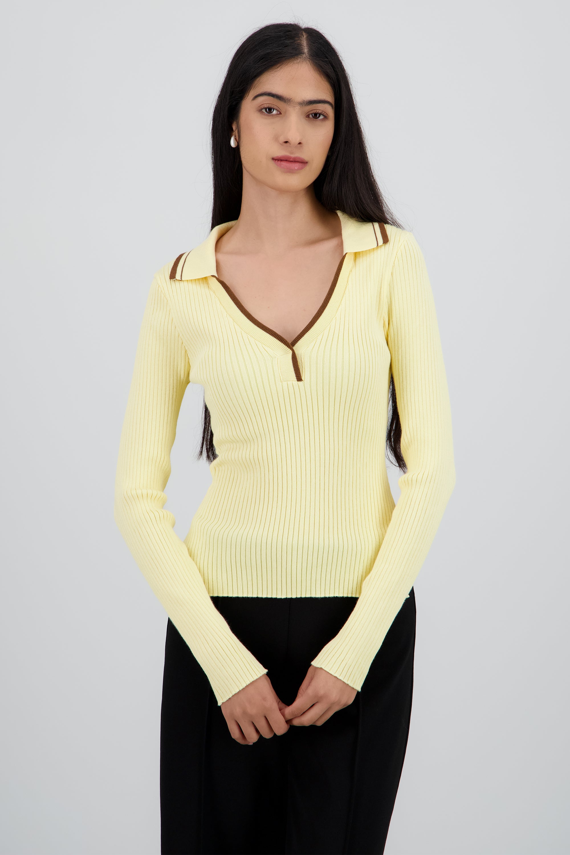 Sueter polo contraste manga larga de tejido AMARILLO COMBO