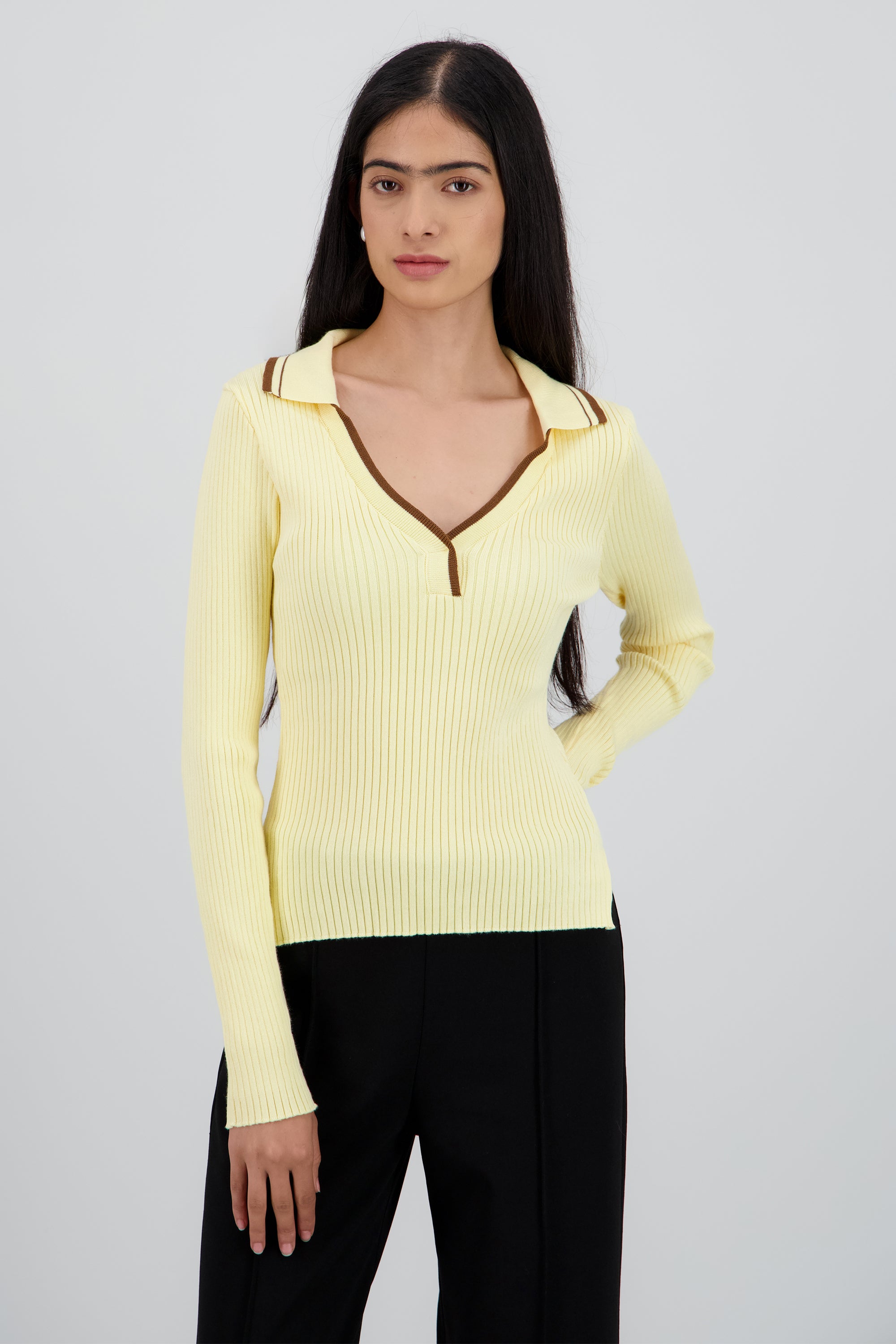 Sueter polo contraste manga larga de tejido AMARILLO COMBO