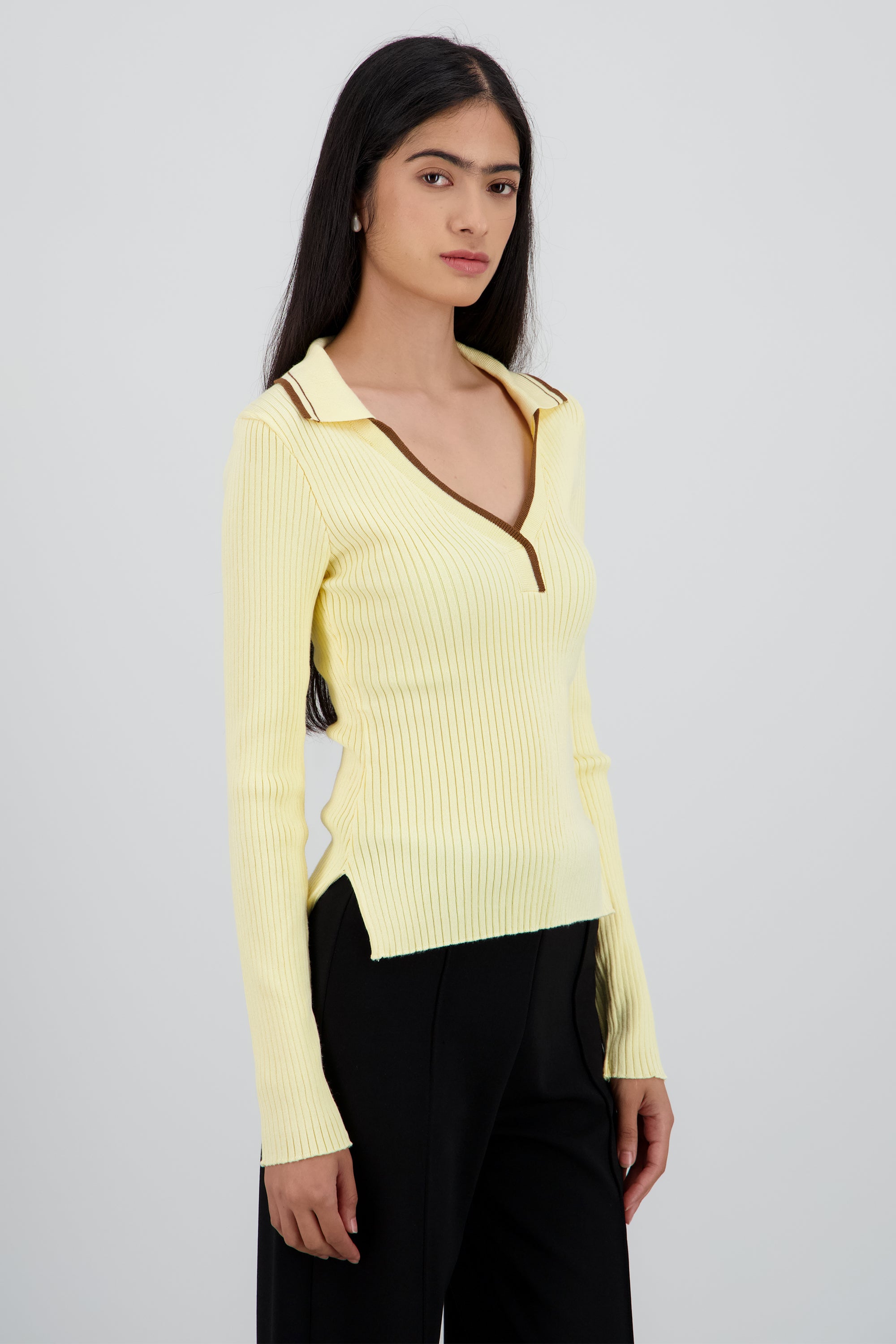 Sueter polo contraste manga larga de tejido AMARILLO COMBO