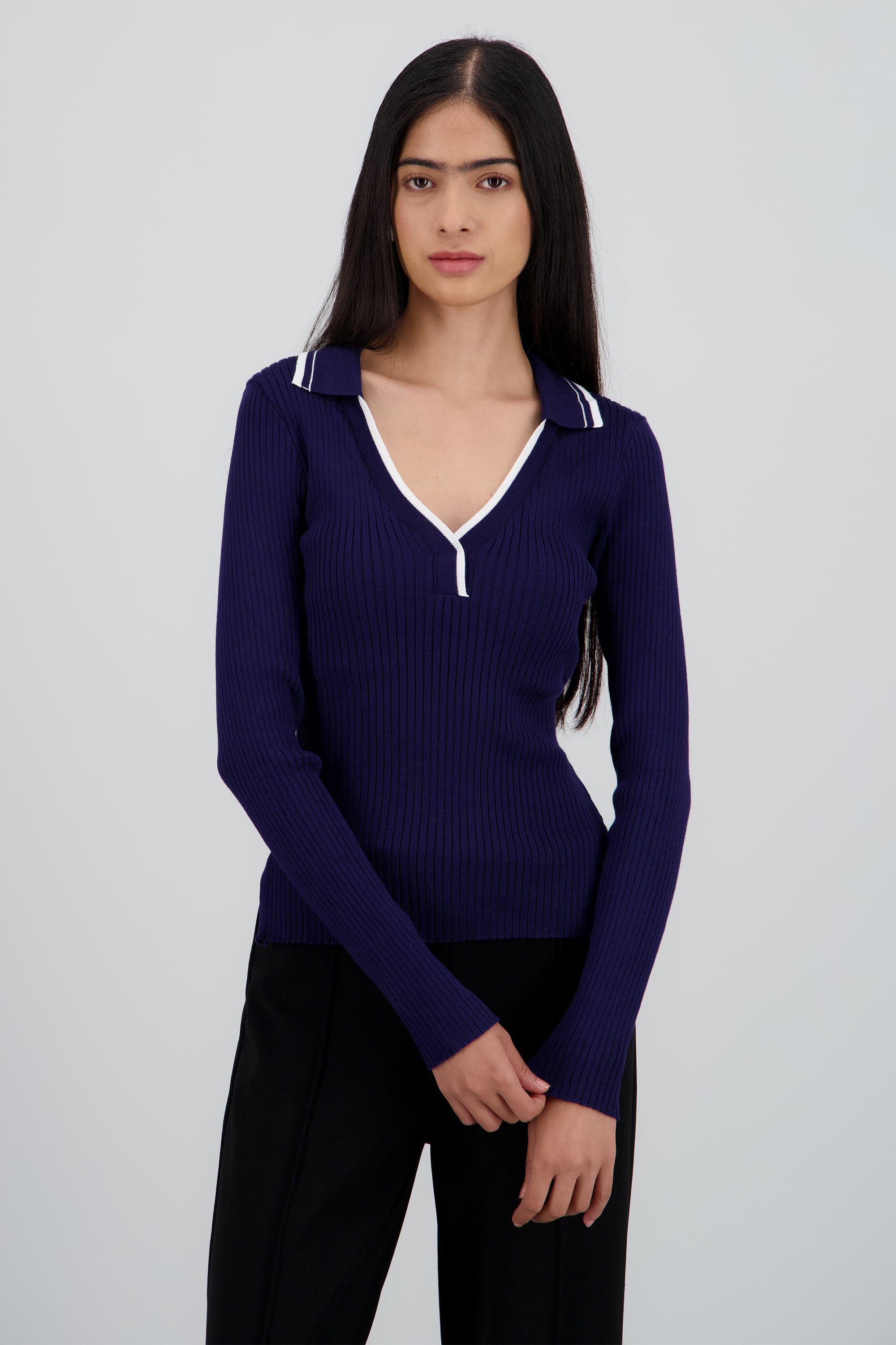 Sueter polo contraste manga larga de tejido MARINO COMBO
