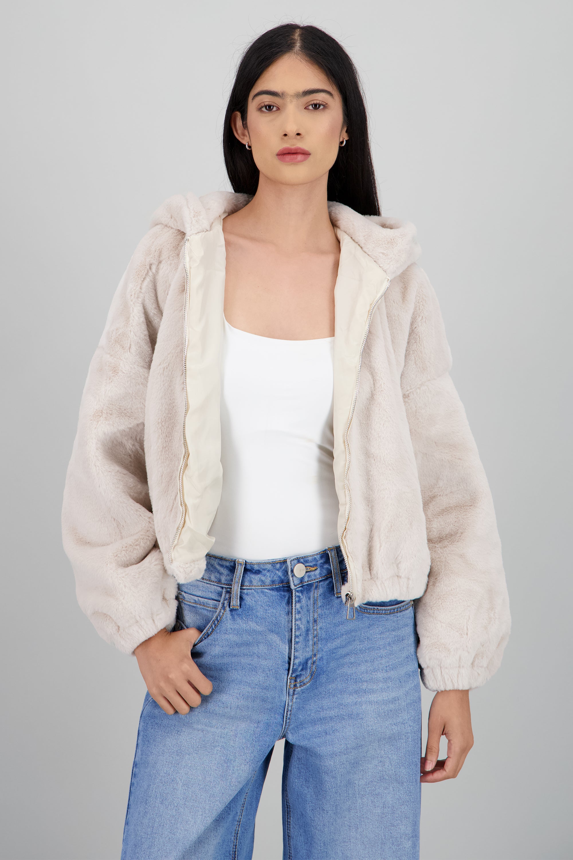 Bomber peluche con gorro BEIGE
