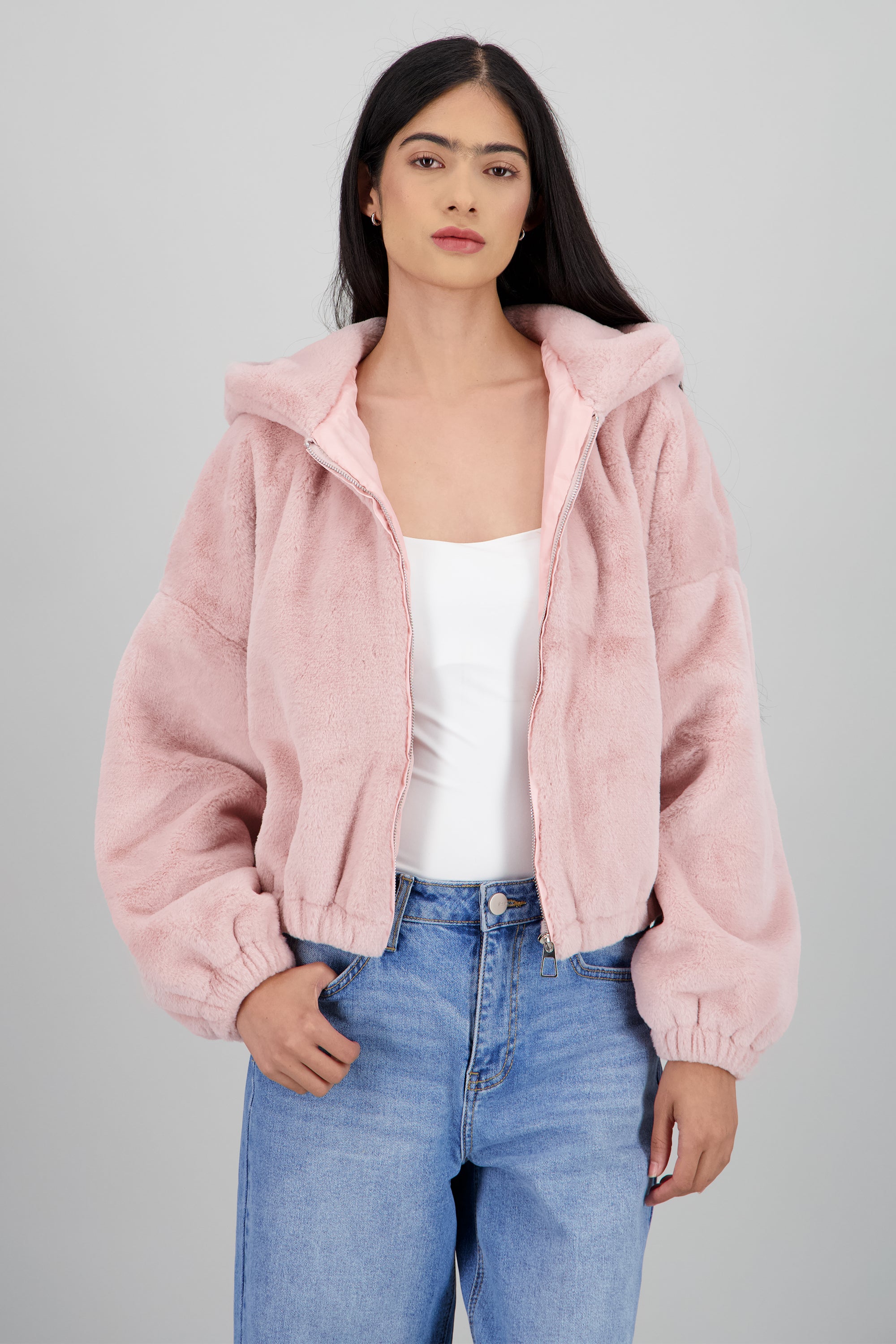 Bomber peluche con gorro PALO DE ROSA