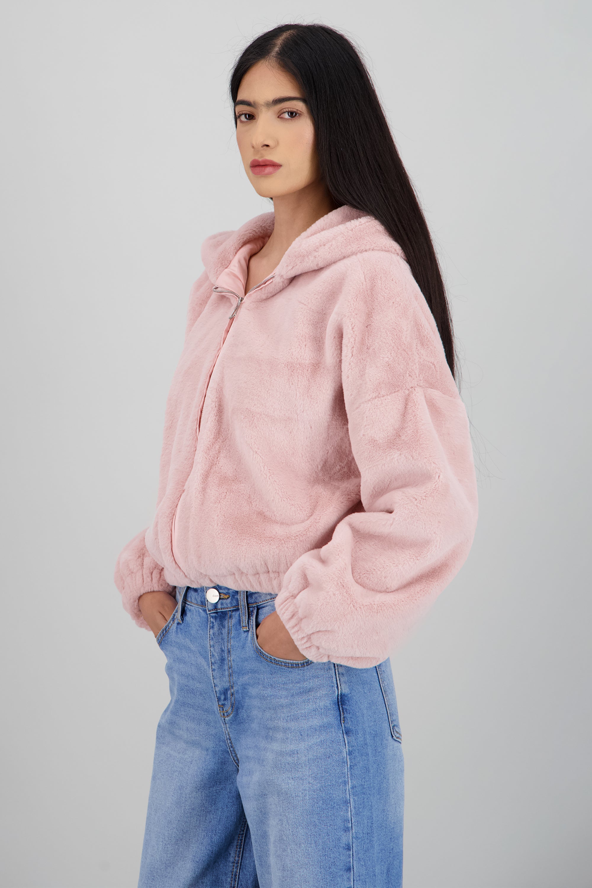 Bomber peluche con gorro PALO DE ROSA