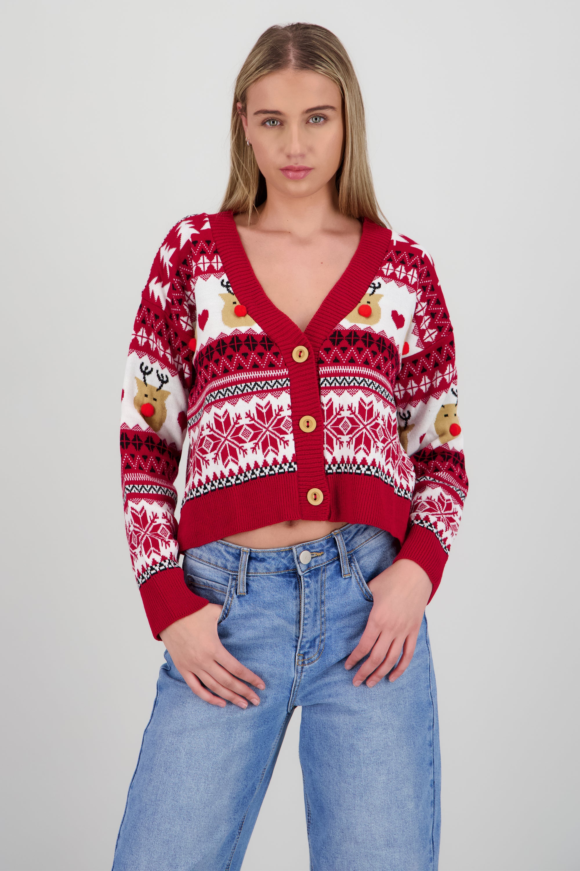 Cardigan renitos pompon nariz ROJO COMBO