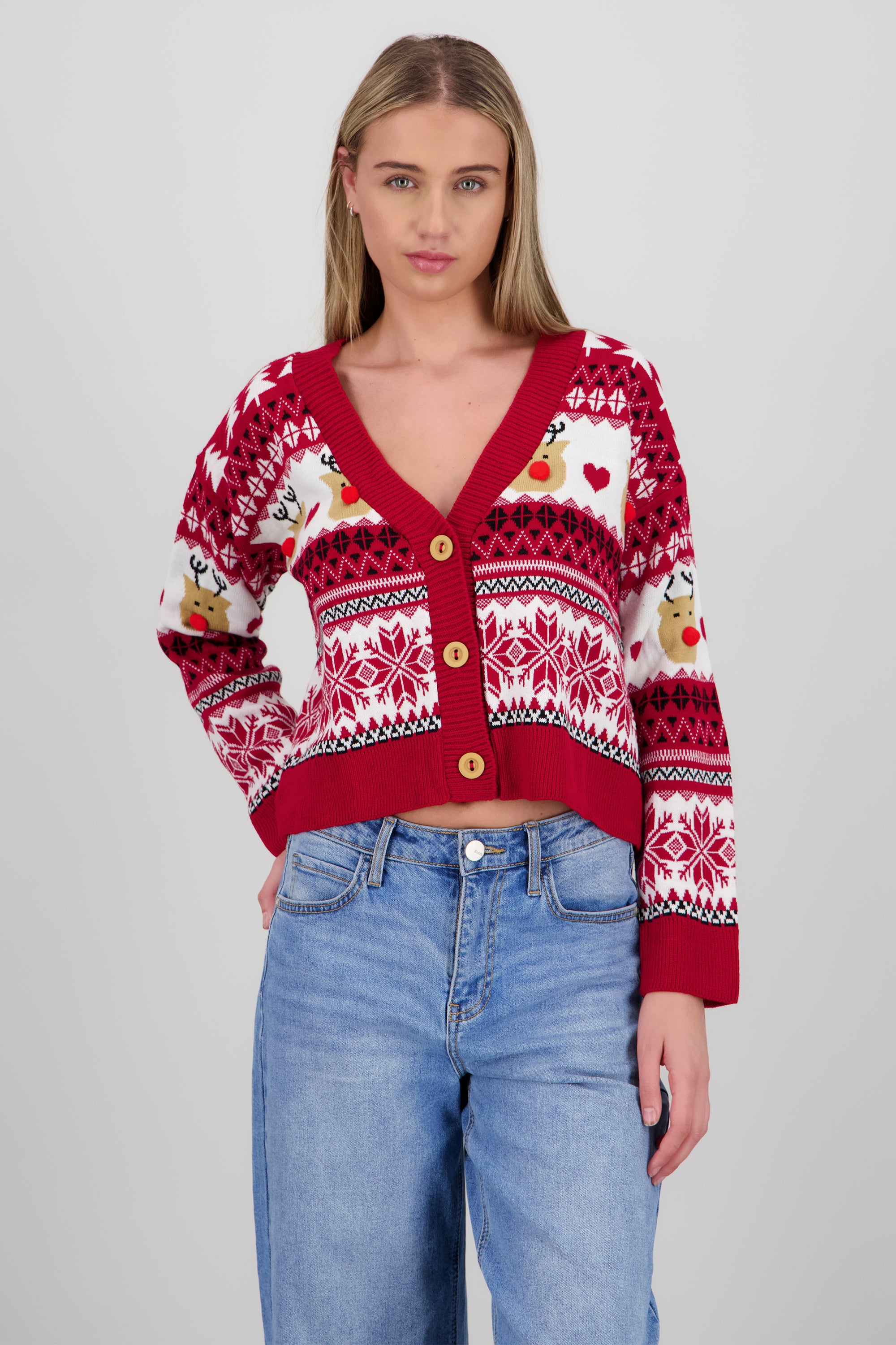 Cardigan renitos pompon nariz ROJO COMBO