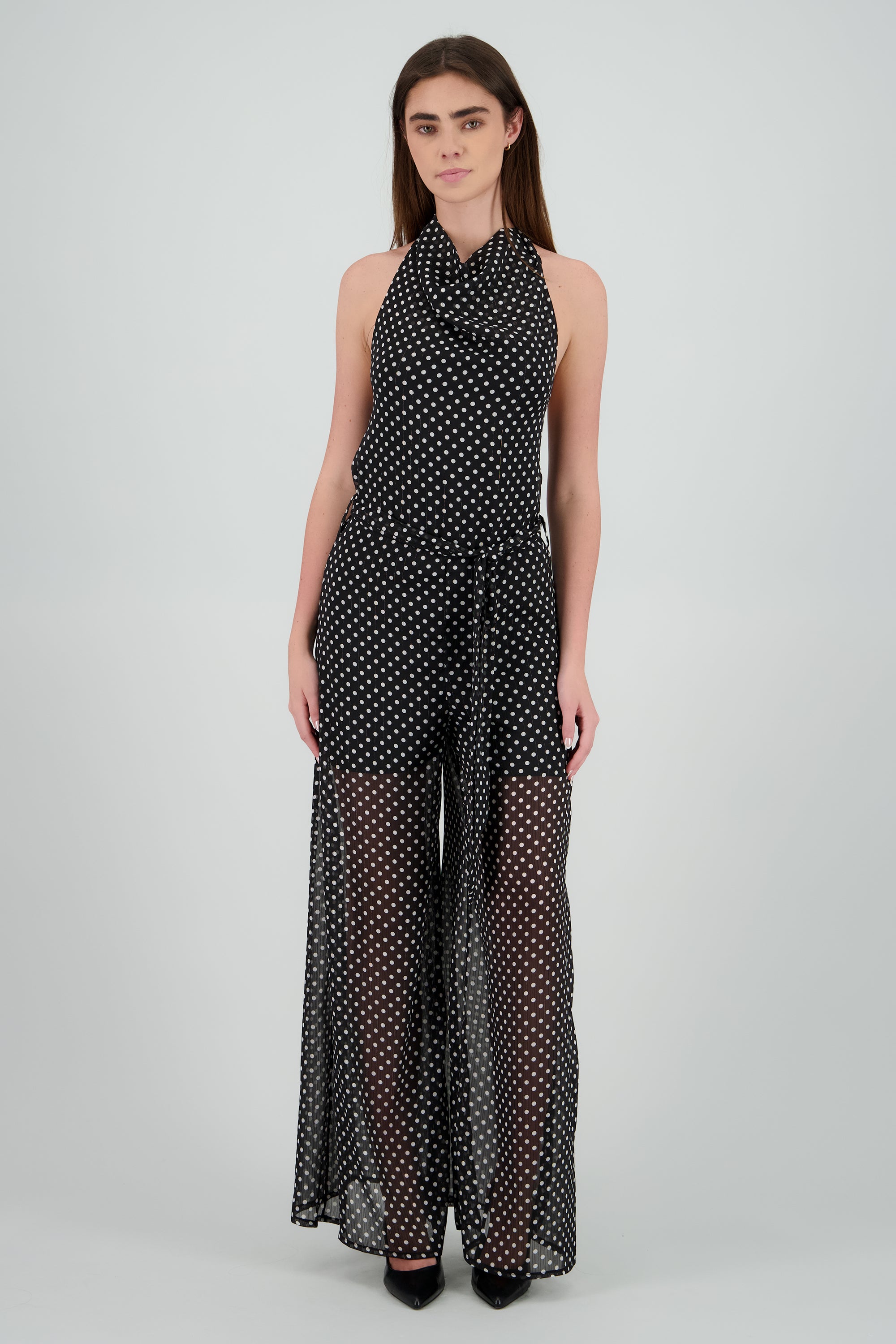 Jumpsuit halter cascada con cinto polka dots NEGRO COMBO