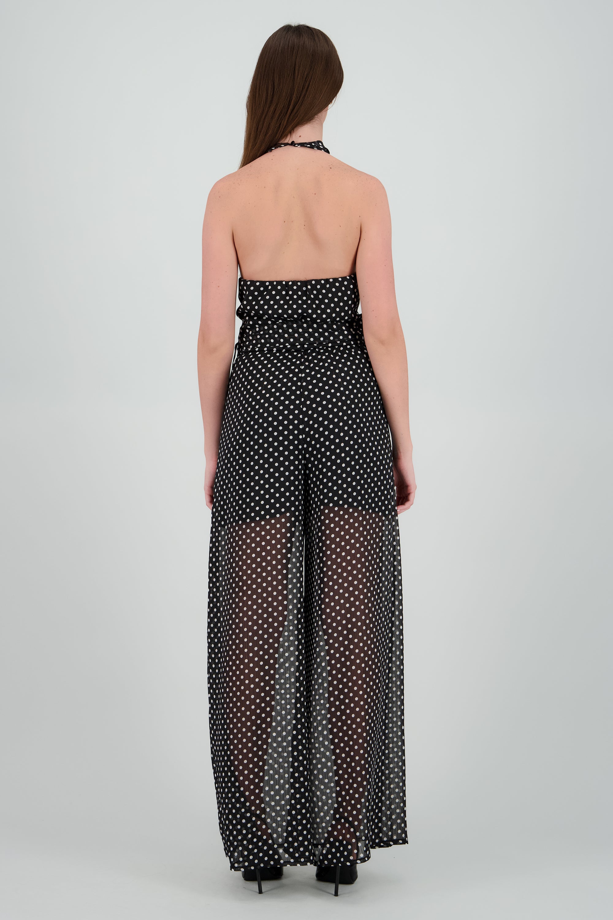 Jumpsuit halter cascada con cinto polka dots NEGRO COMBO