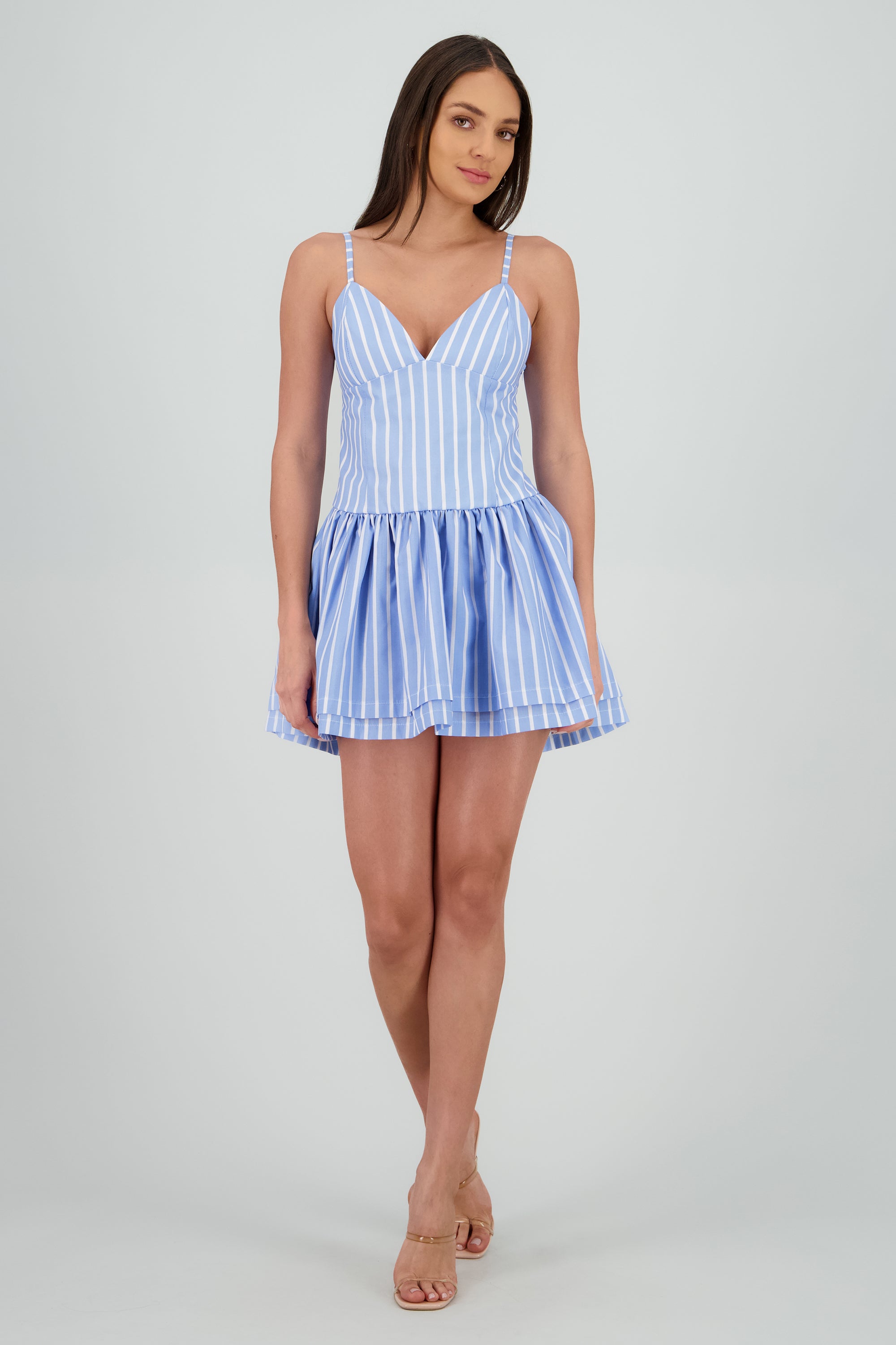 Vestido mini drop waist de rayas AZUL CIELO