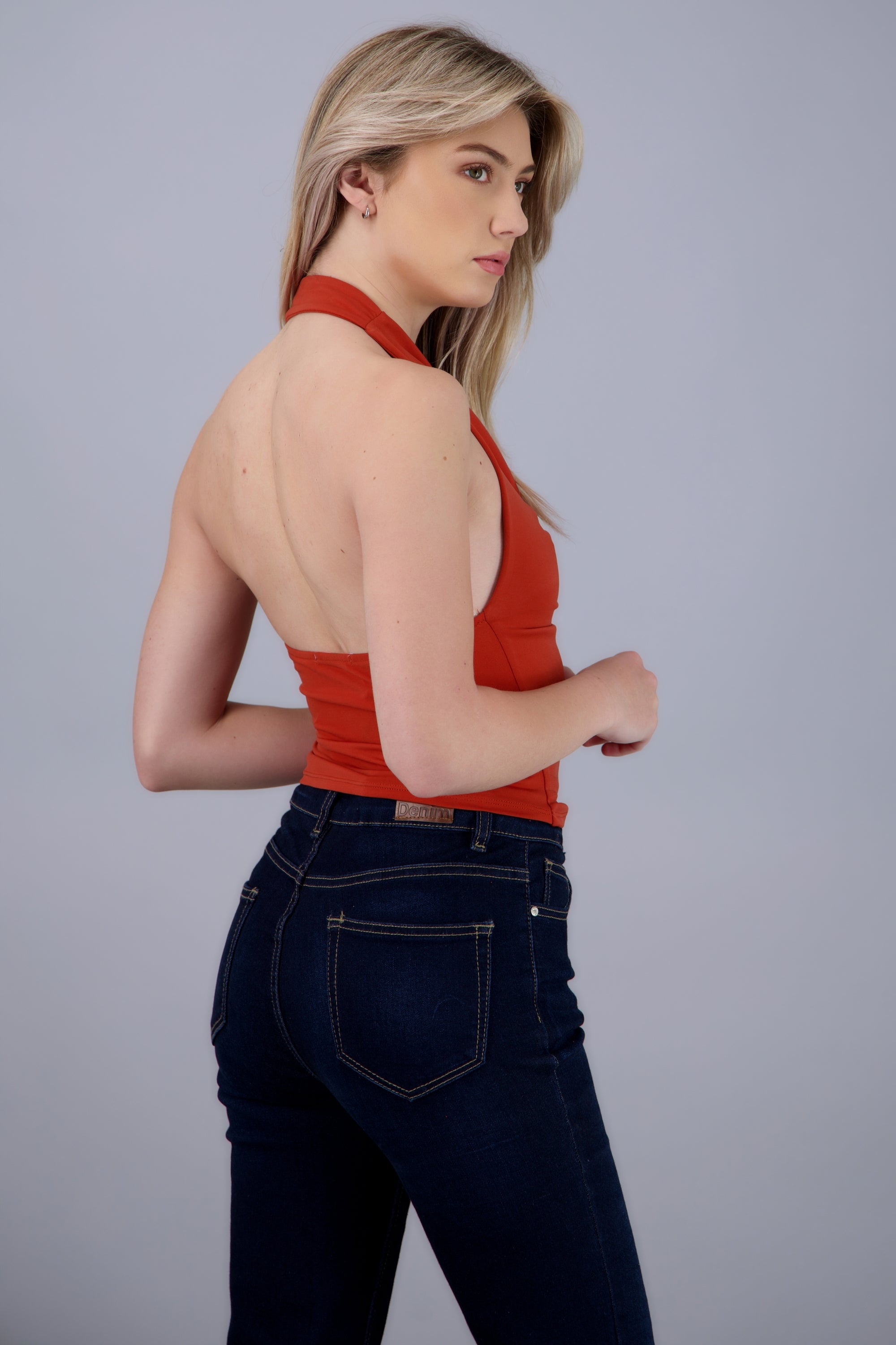 Top halter escote cascada LADRILLO