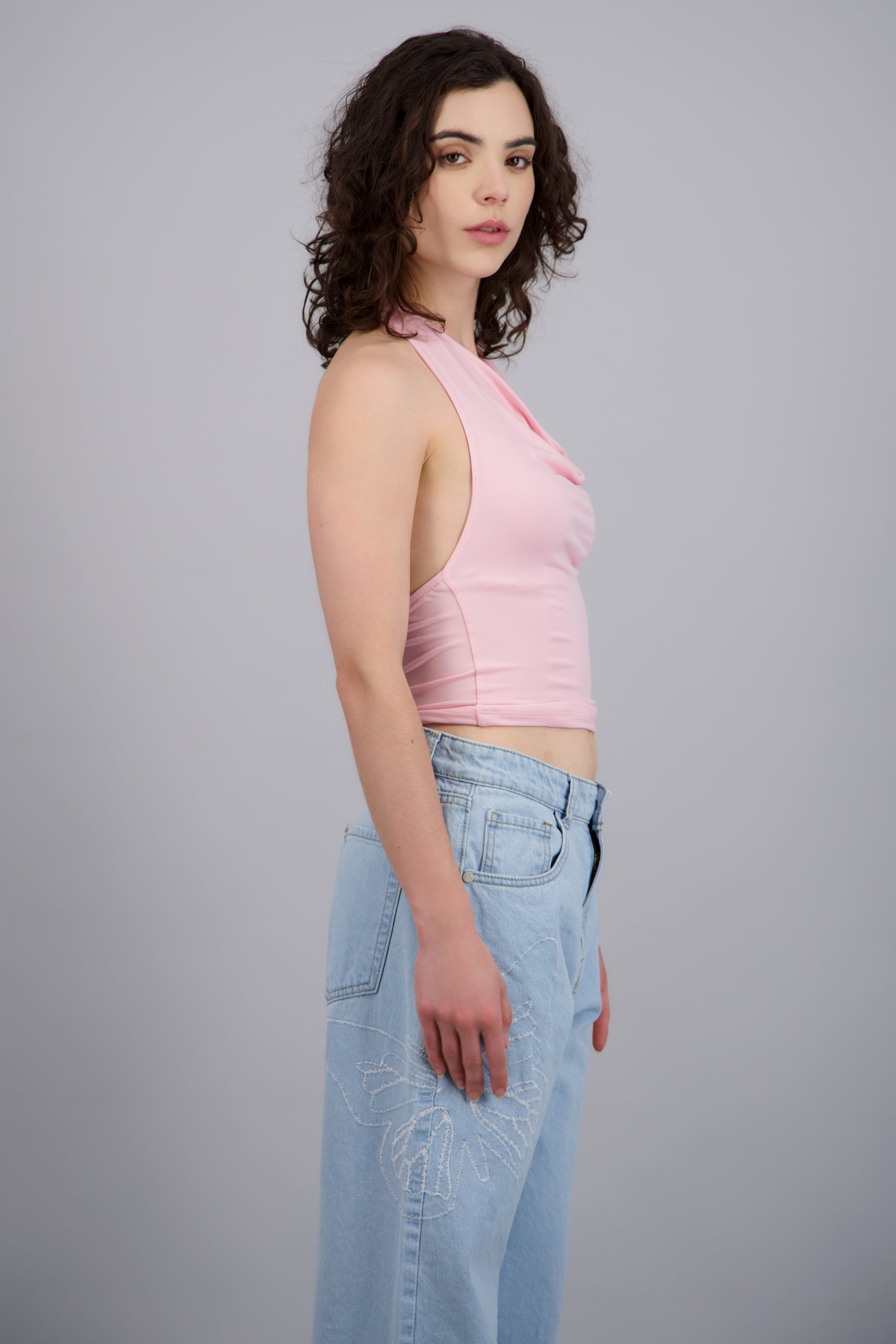 Top halter escote cascada ROSA PASTEL