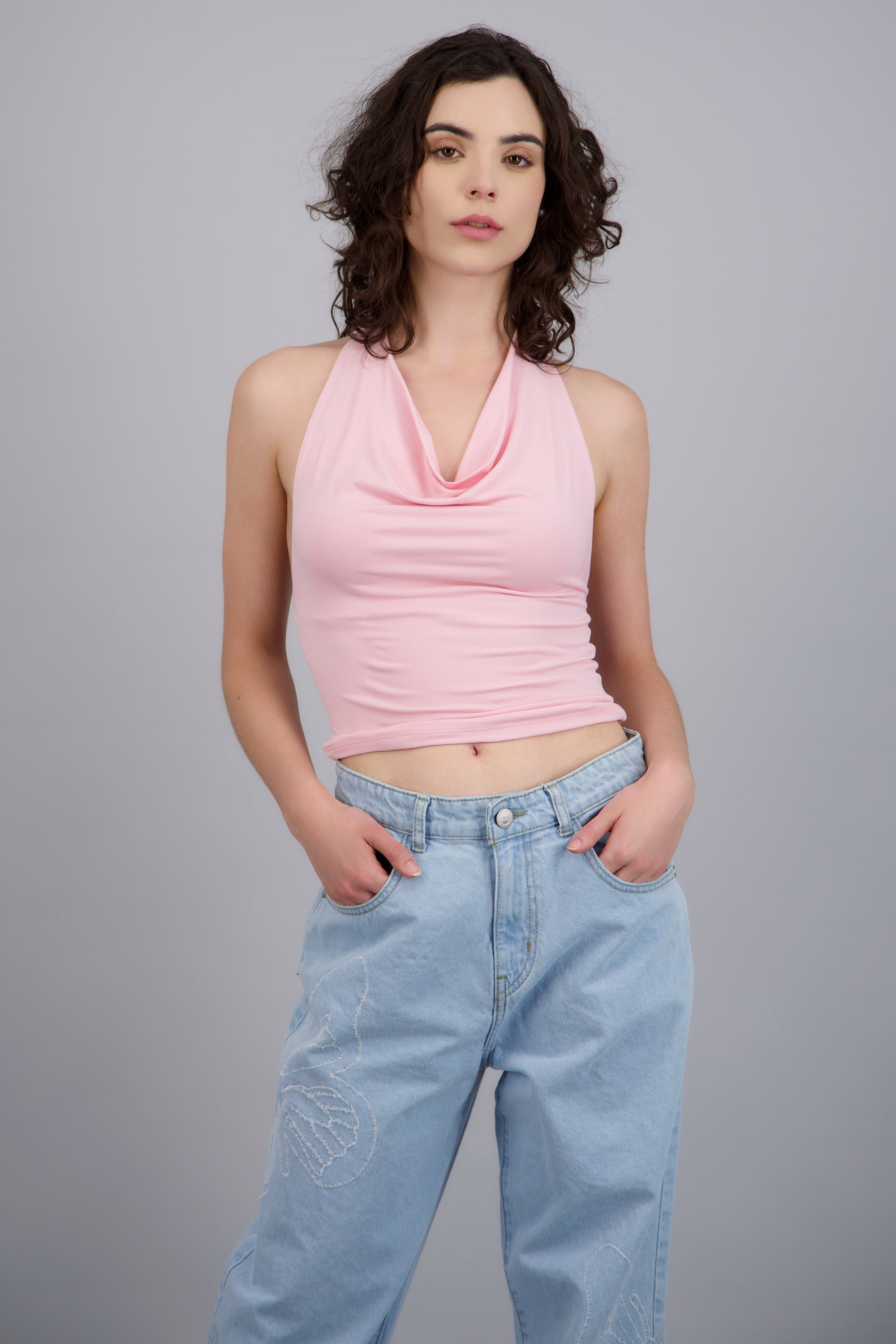 Top halter escote cascada ROSA PASTEL