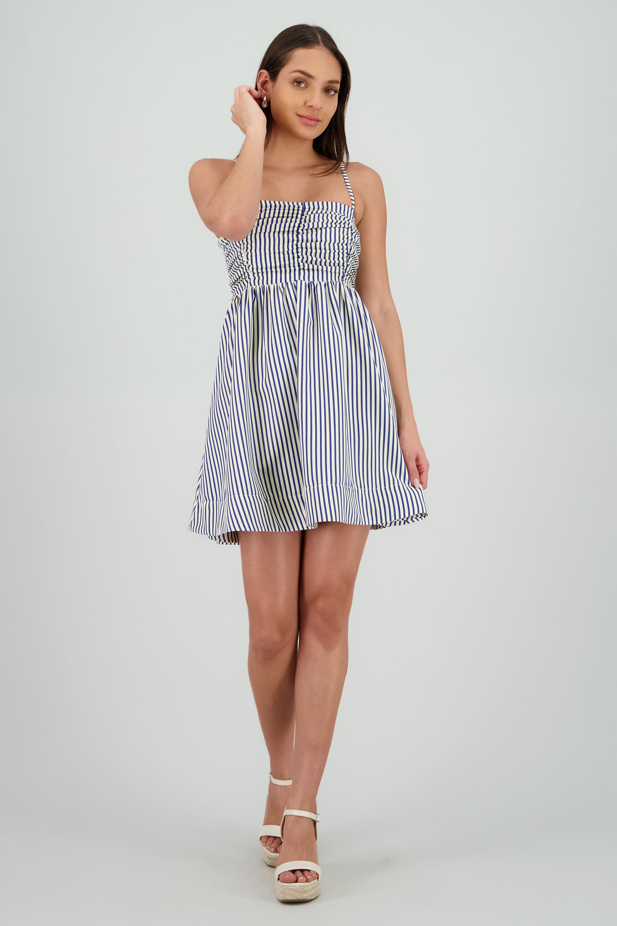 Vestido rayas mini drapeado AZUL COMBO