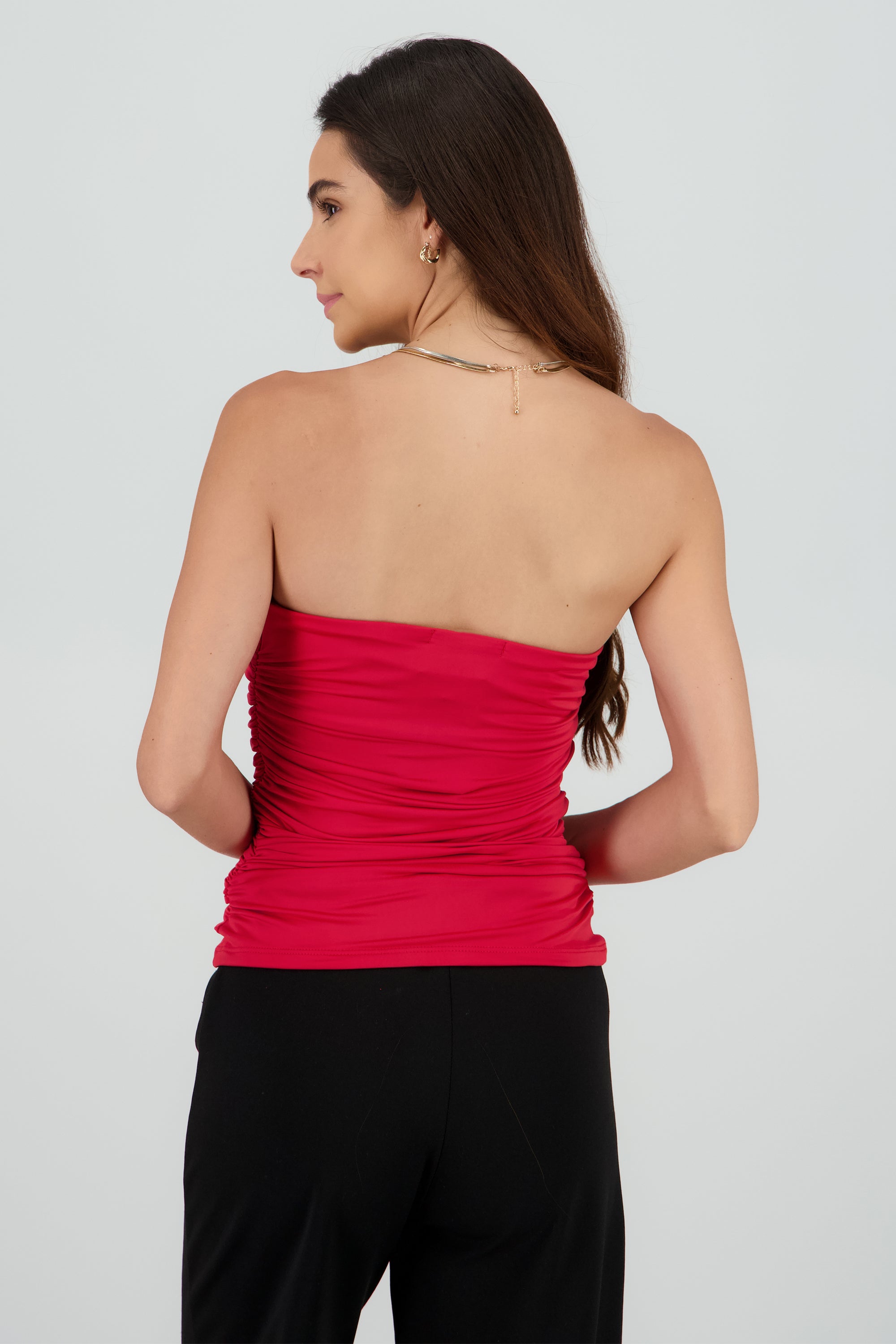 TOP MESH STRAPLESS DRAPEADO ROJO