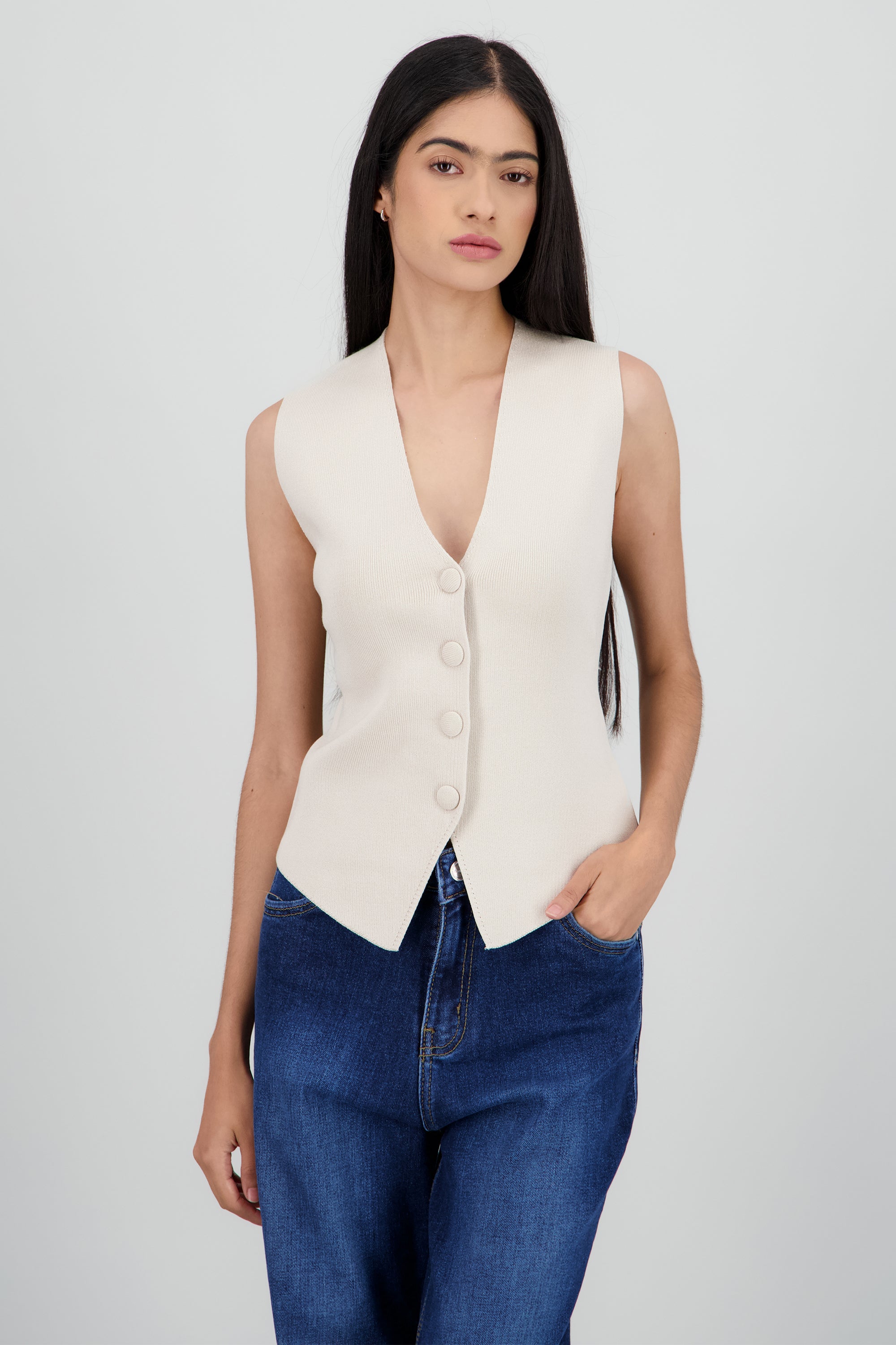 Top sin mangas tejido con botones BEIGE