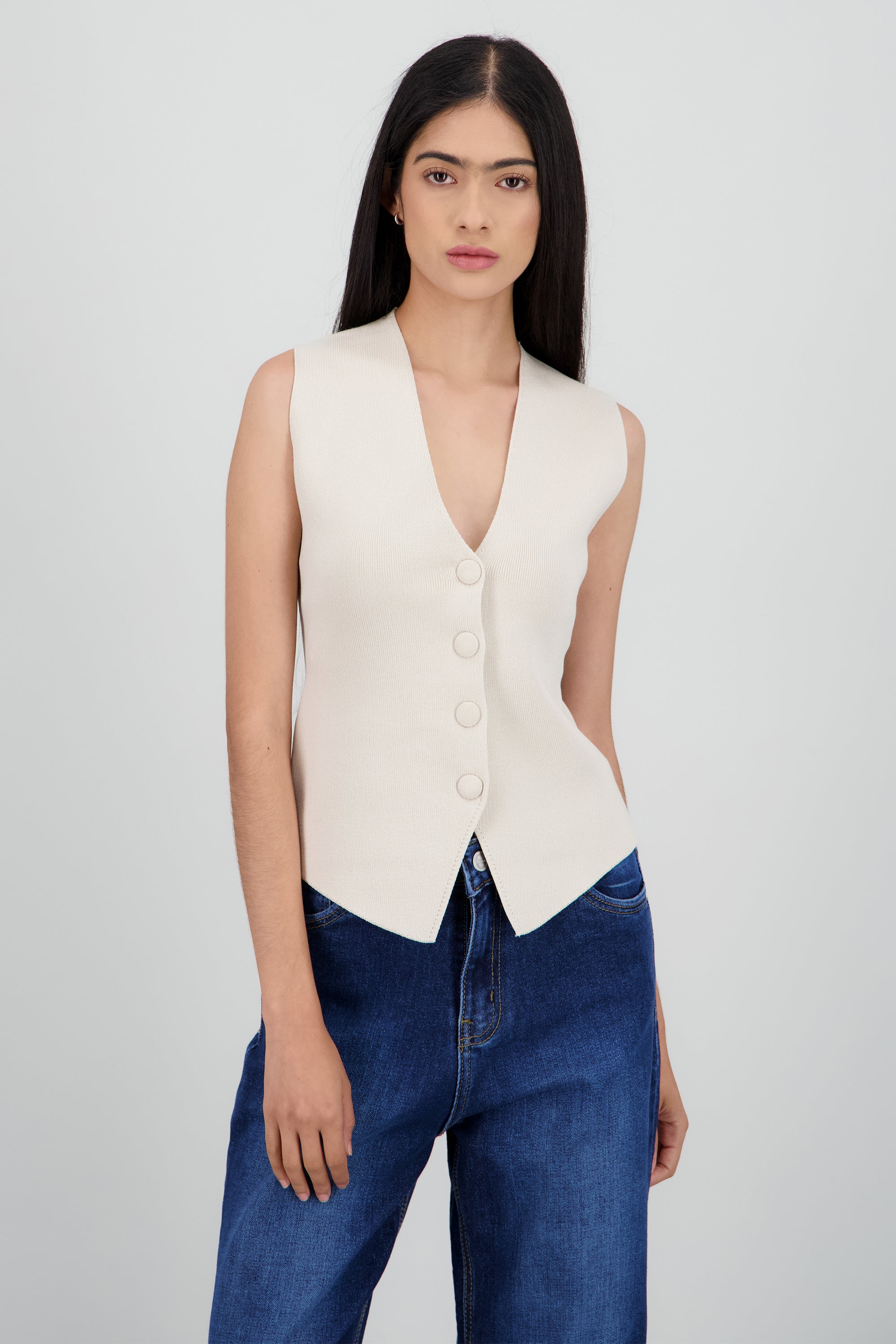 Top sin mangas tejido con botones BEIGE