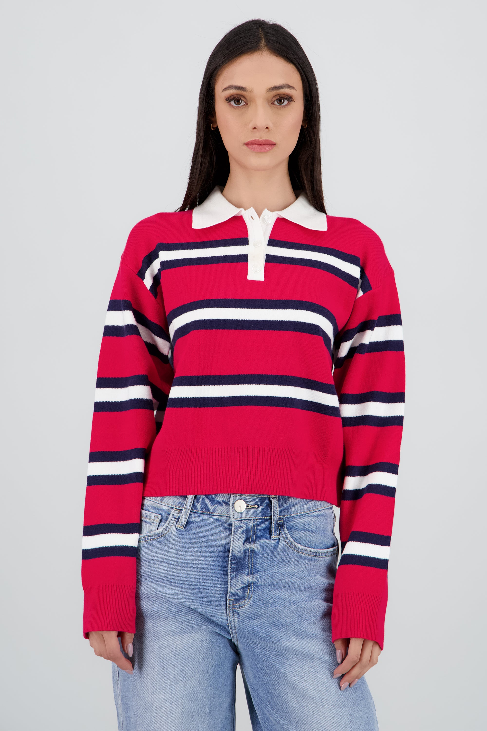 Suetere tejido rayas con cuello polo ROJO COMBO