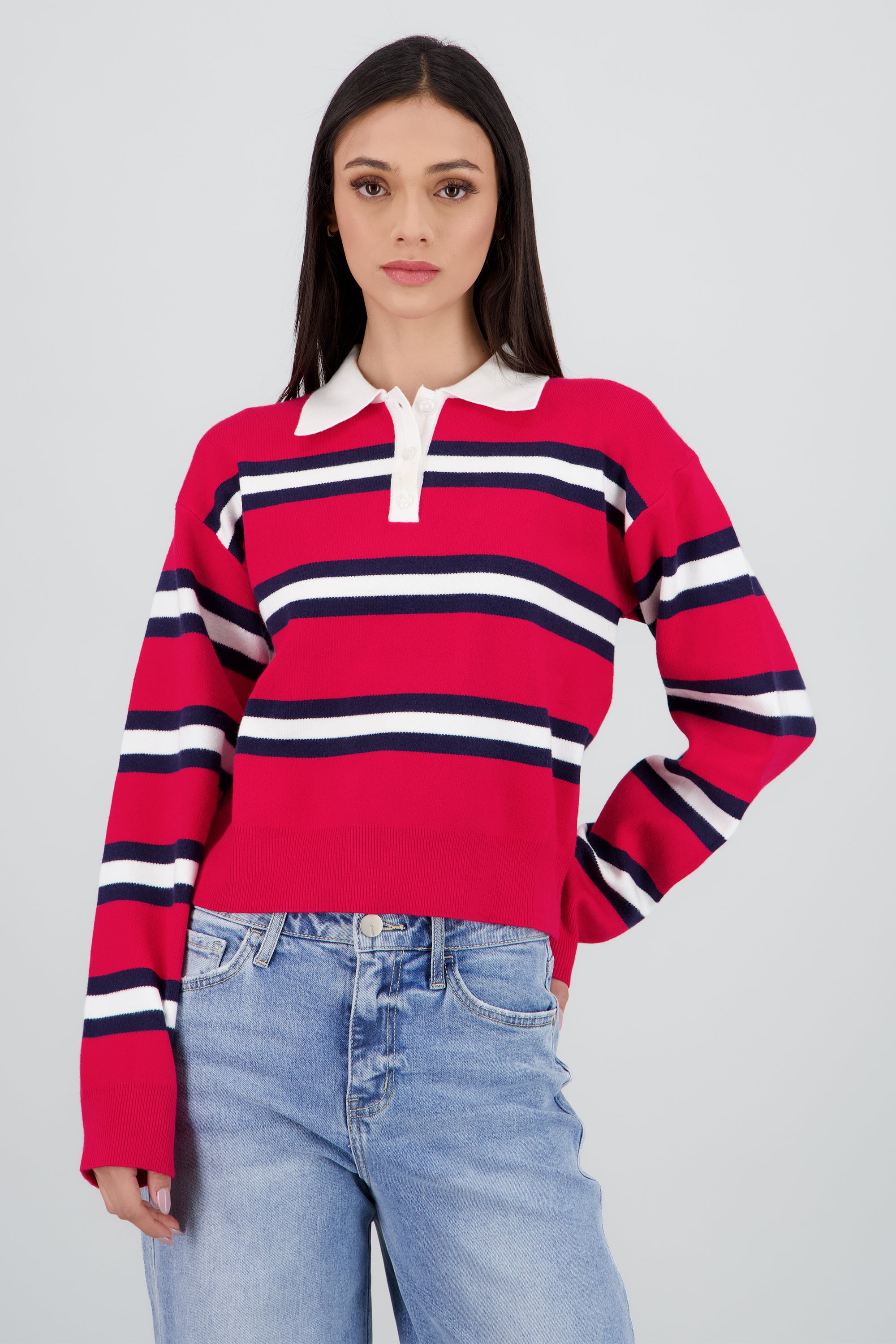 Suetere tejido rayas con cuello polo ROJO COMBO