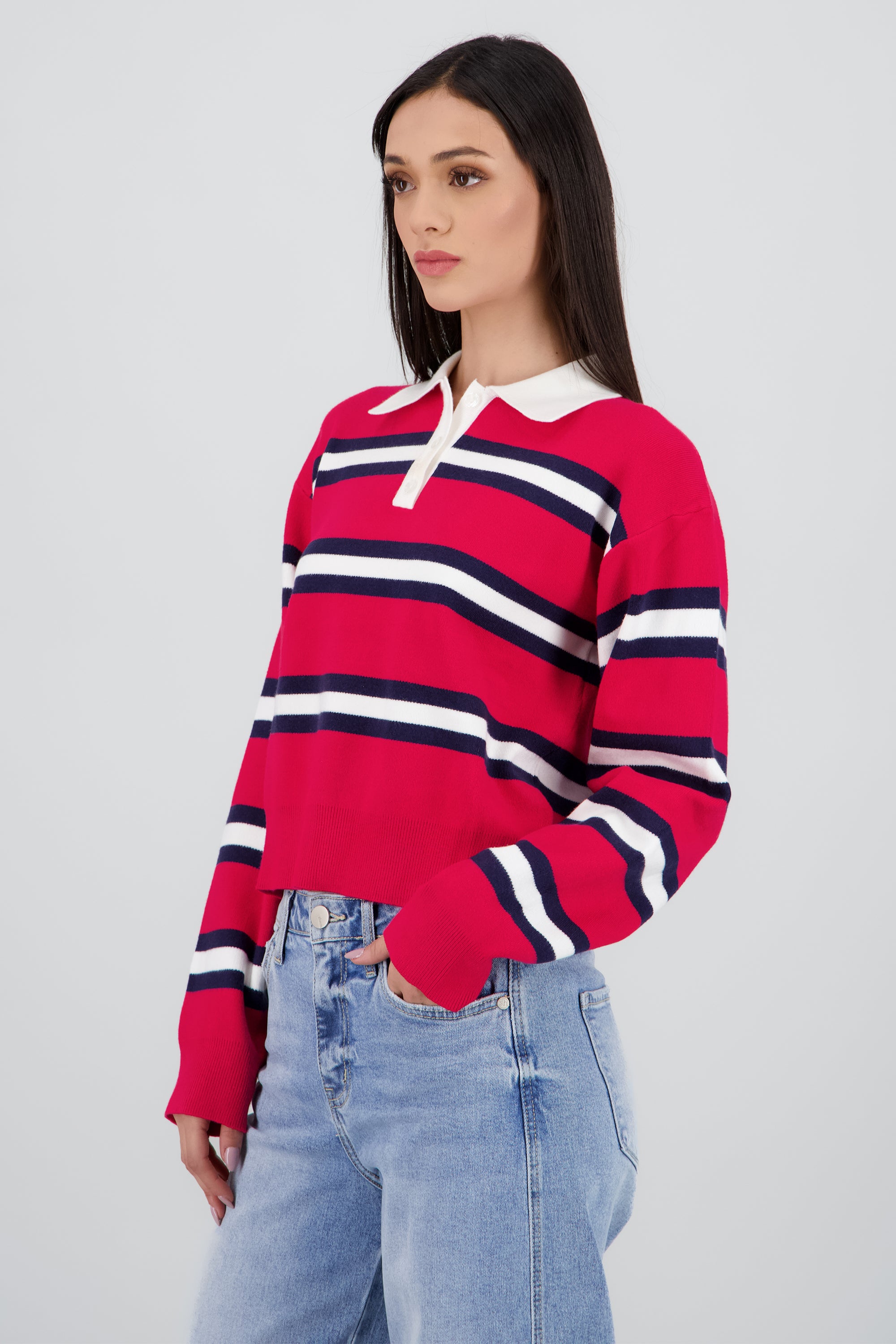 Suetere tejido rayas con cuello polo ROJO COMBO
