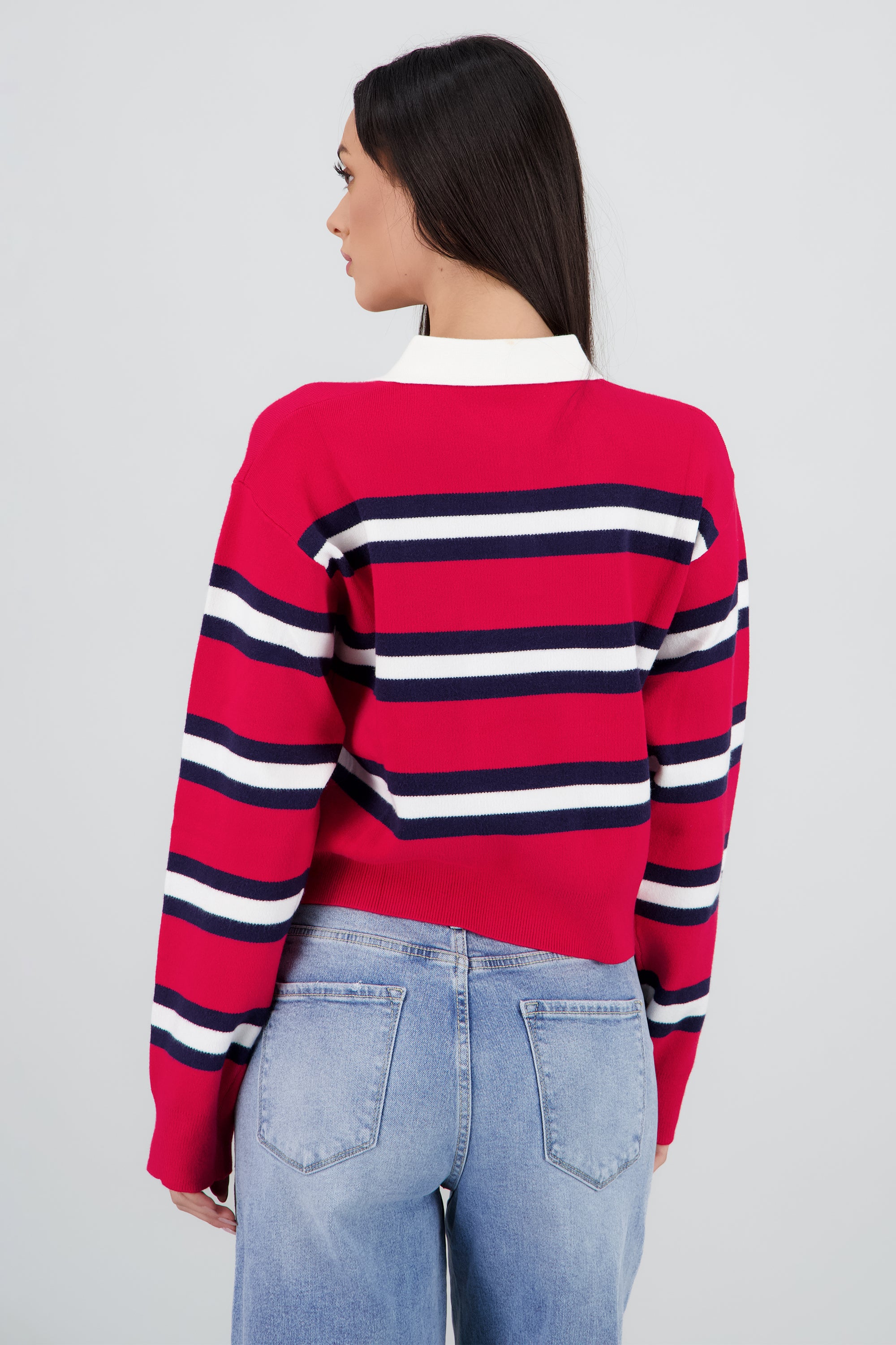 Suetere tejido rayas con cuello polo ROJO COMBO
