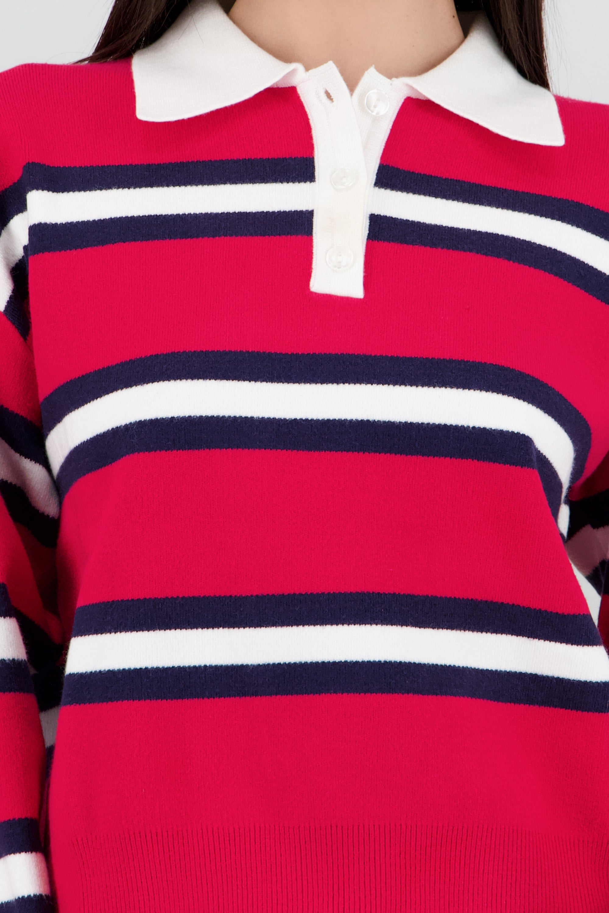 Suetere tejido rayas con cuello polo ROJO COMBO