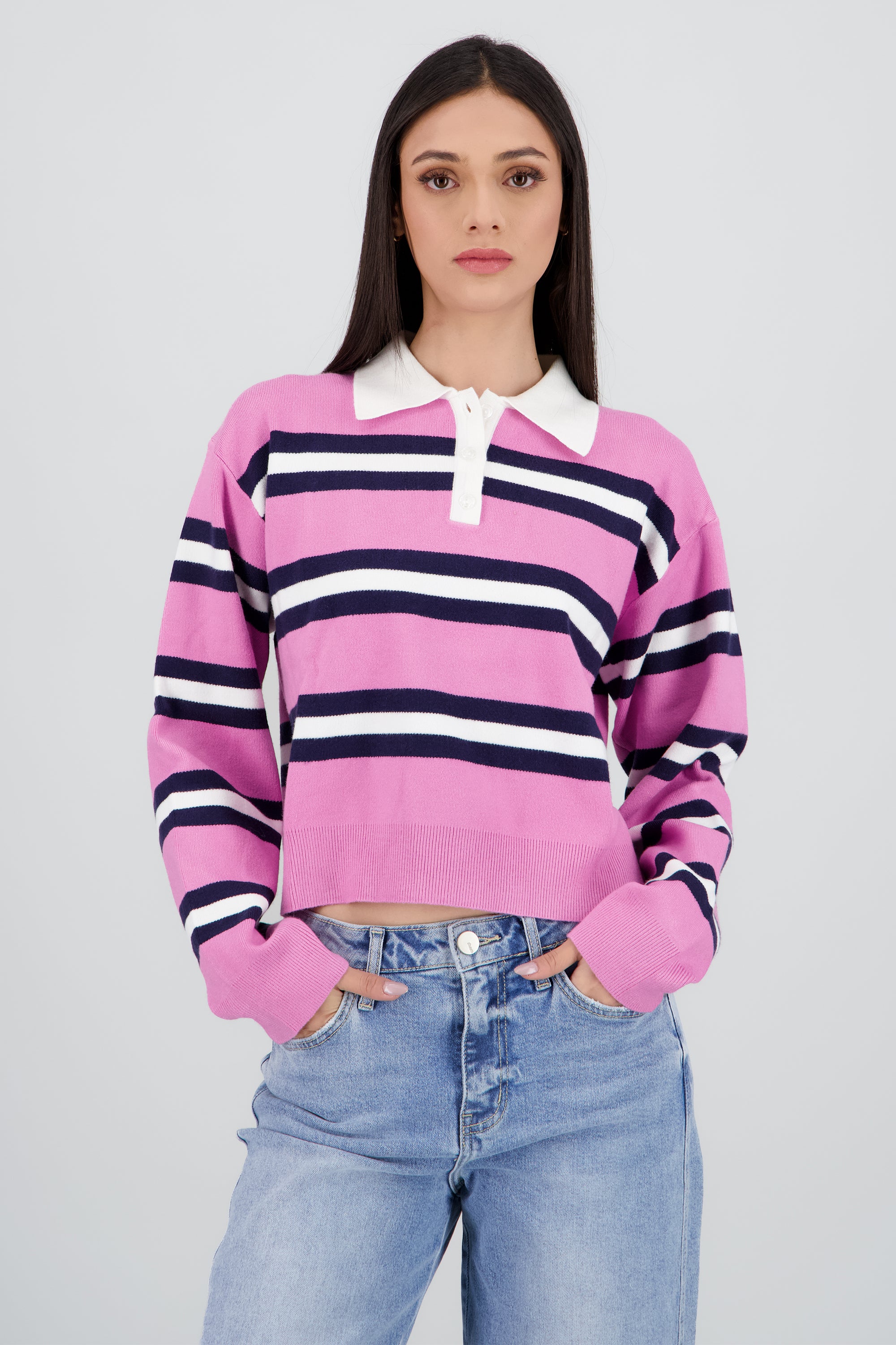 Suetere tejido rayas con cuello polo ROSA COMBO