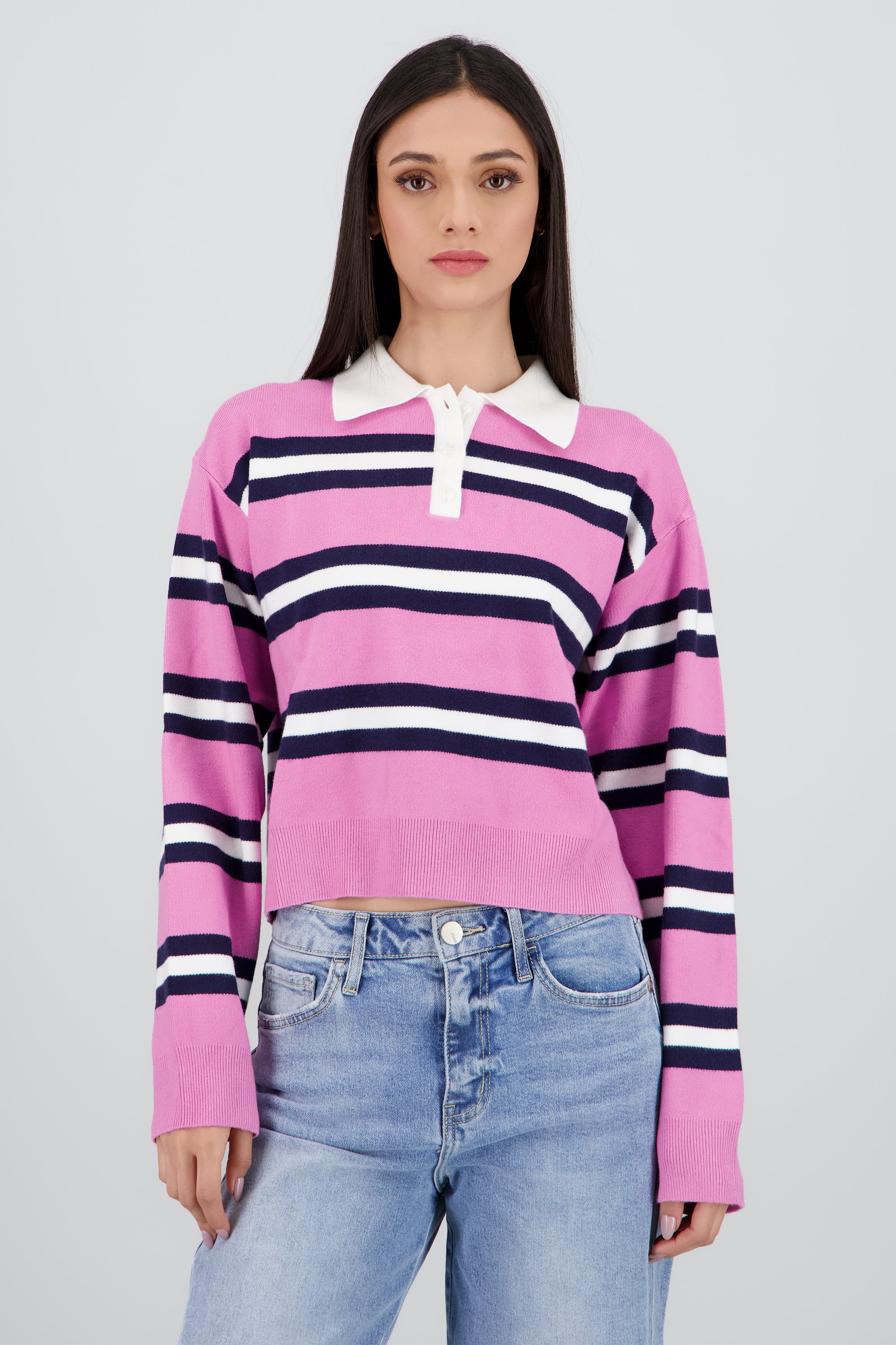 Suetere tejido rayas con cuello polo ROSA COMBO
