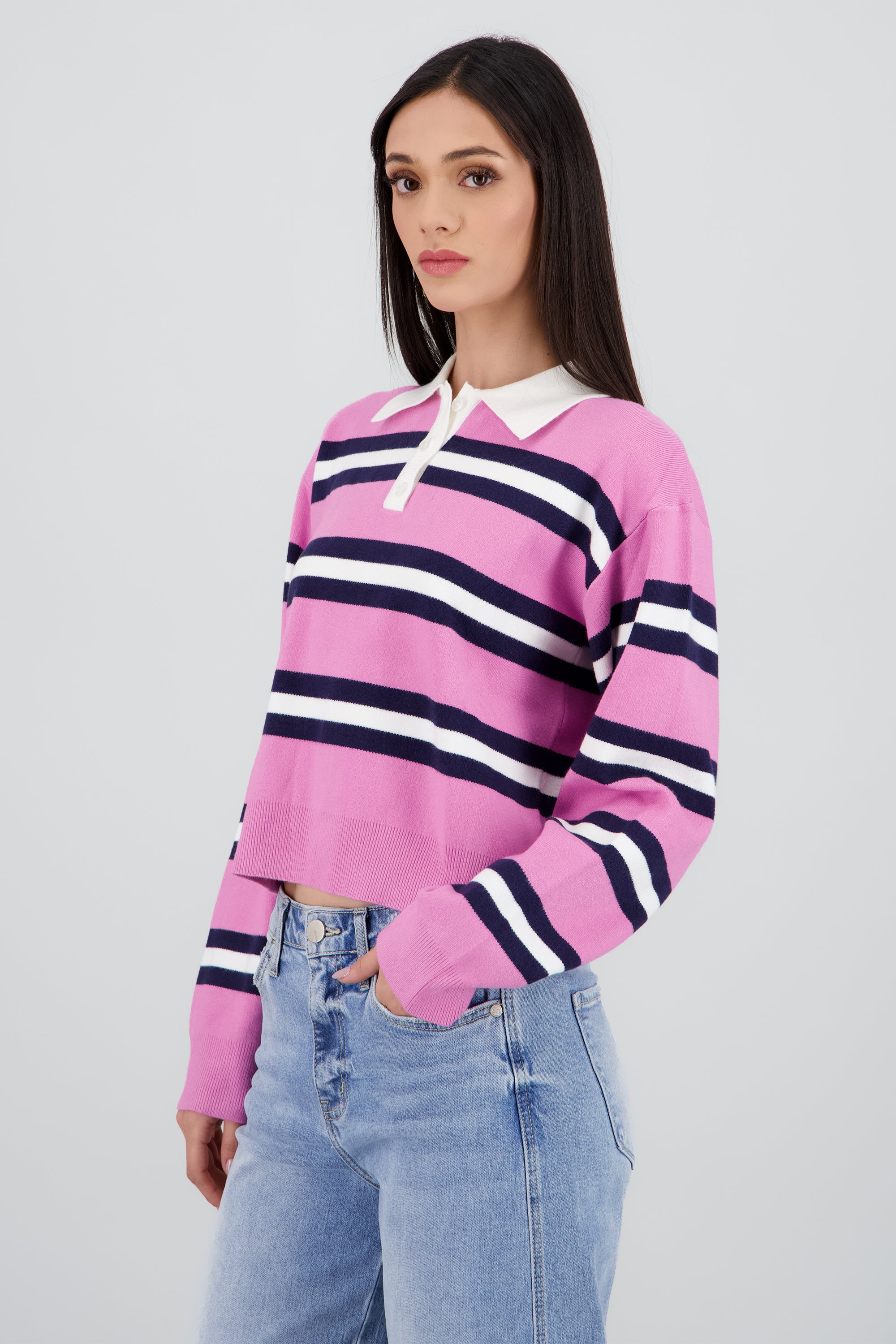 Suetere tejido rayas con cuello polo ROSA COMBO