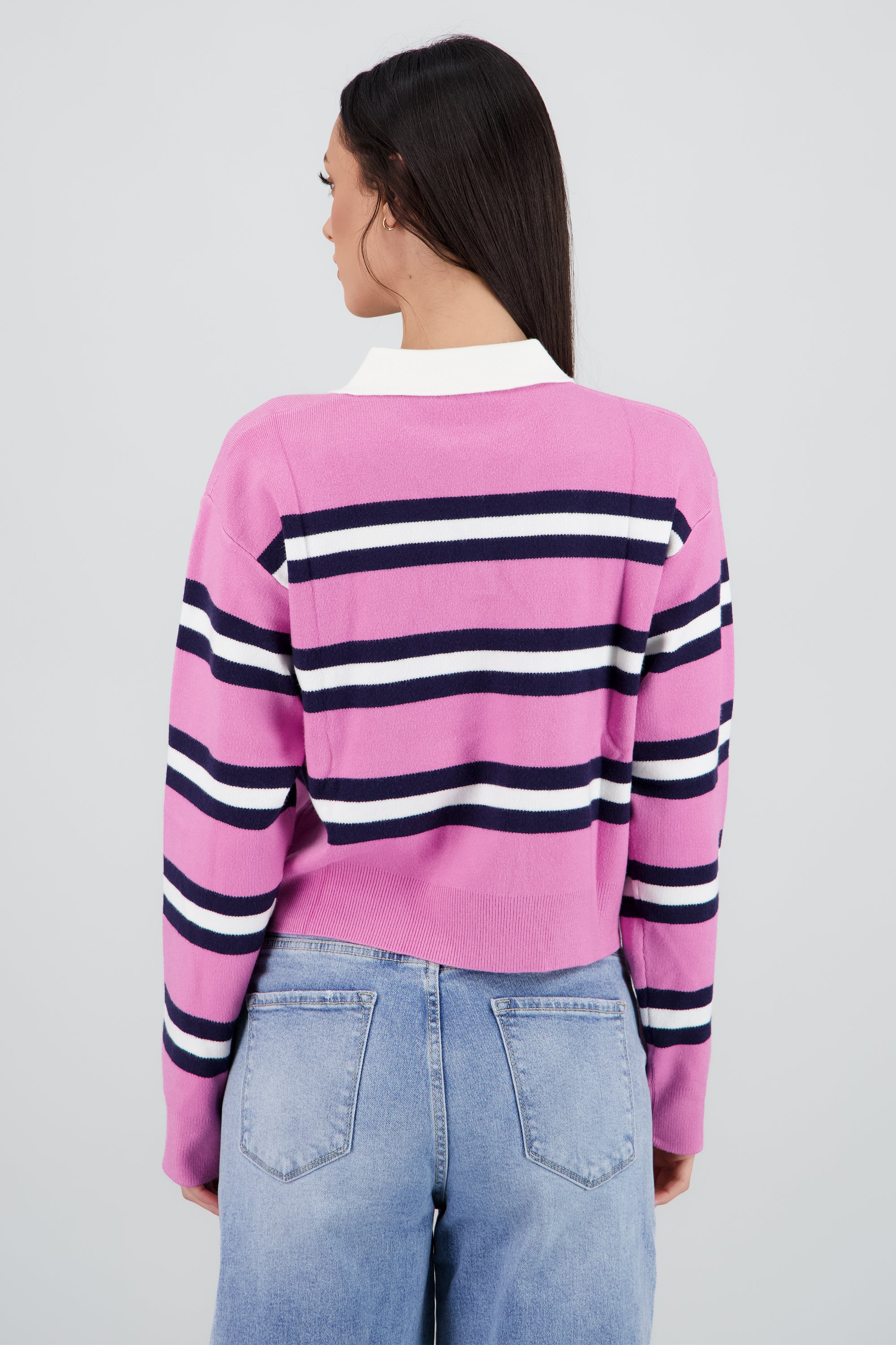 Suetere tejido rayas con cuello polo ROSA COMBO