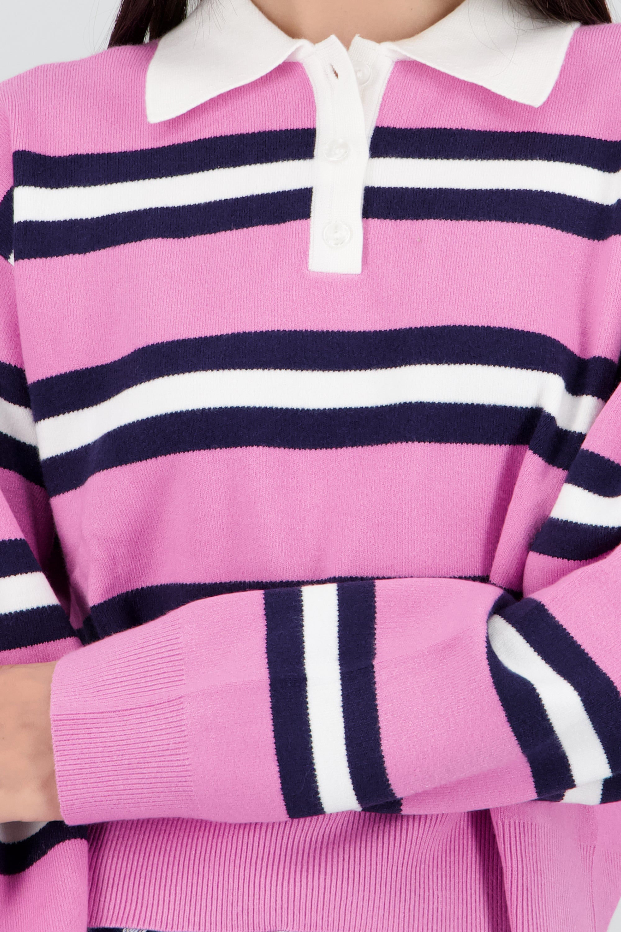 Suetere tejido rayas con cuello polo ROSA COMBO