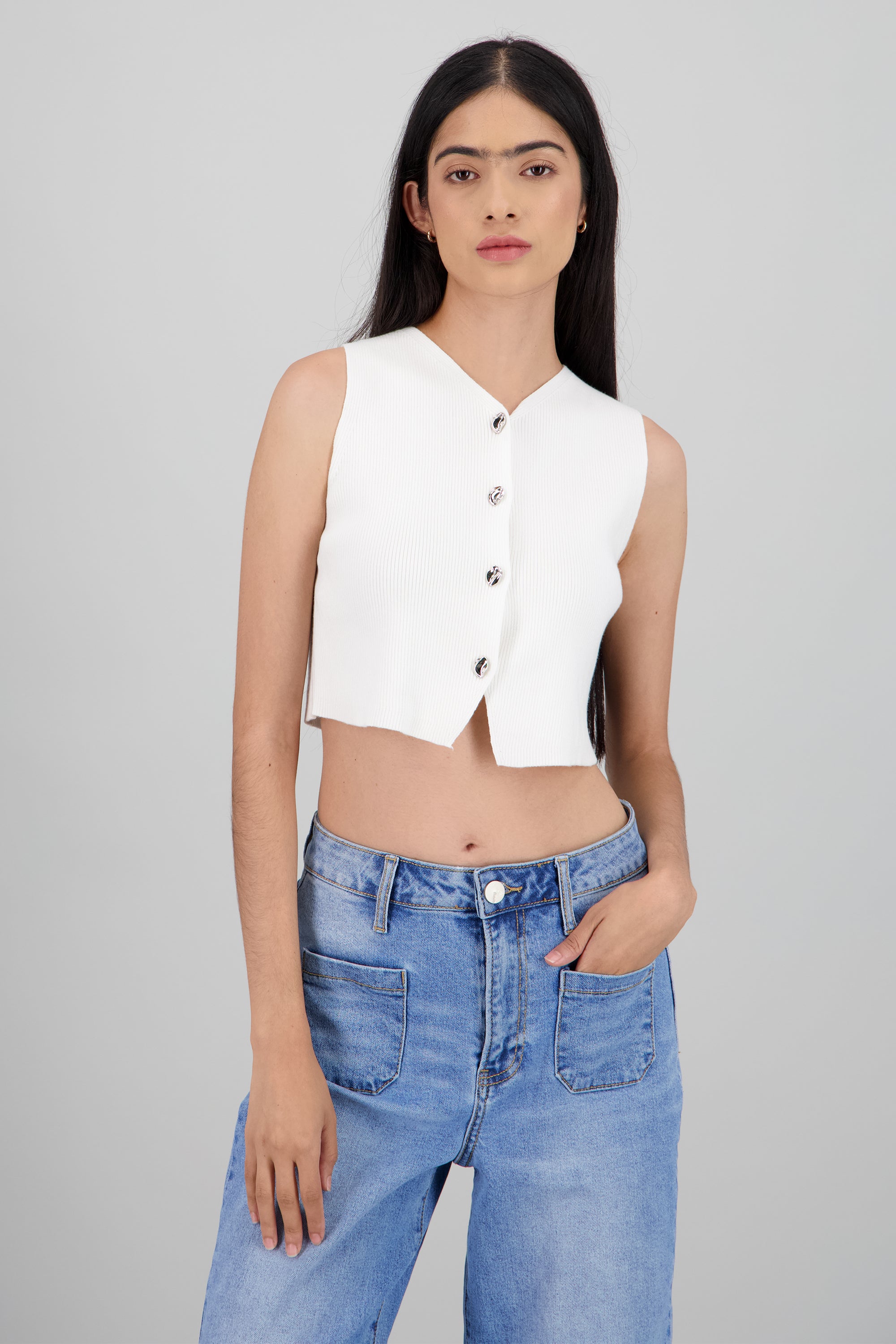 Top tejido rib con botones BLANCO