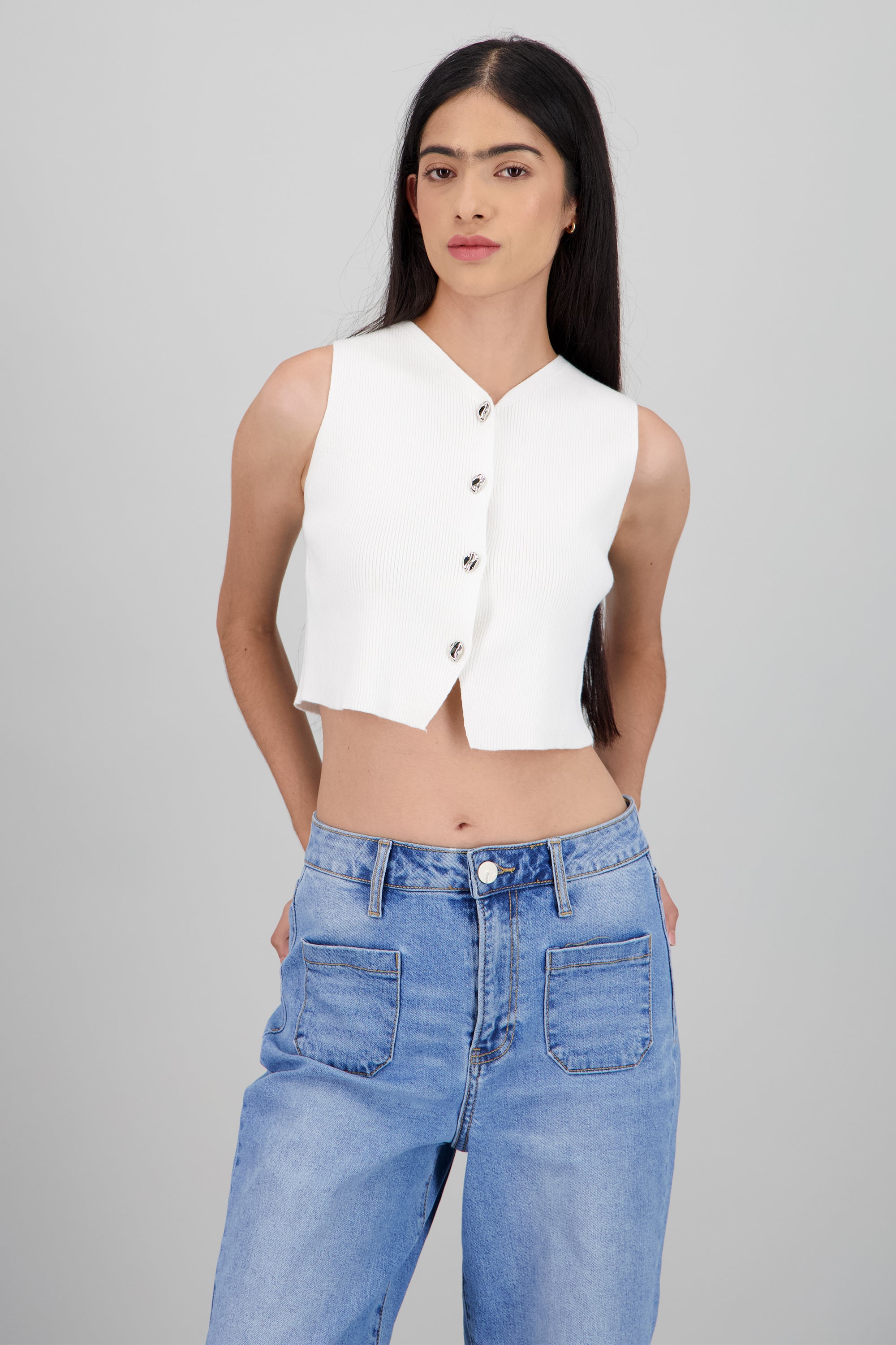 Top tejido rib con botones BLANCO